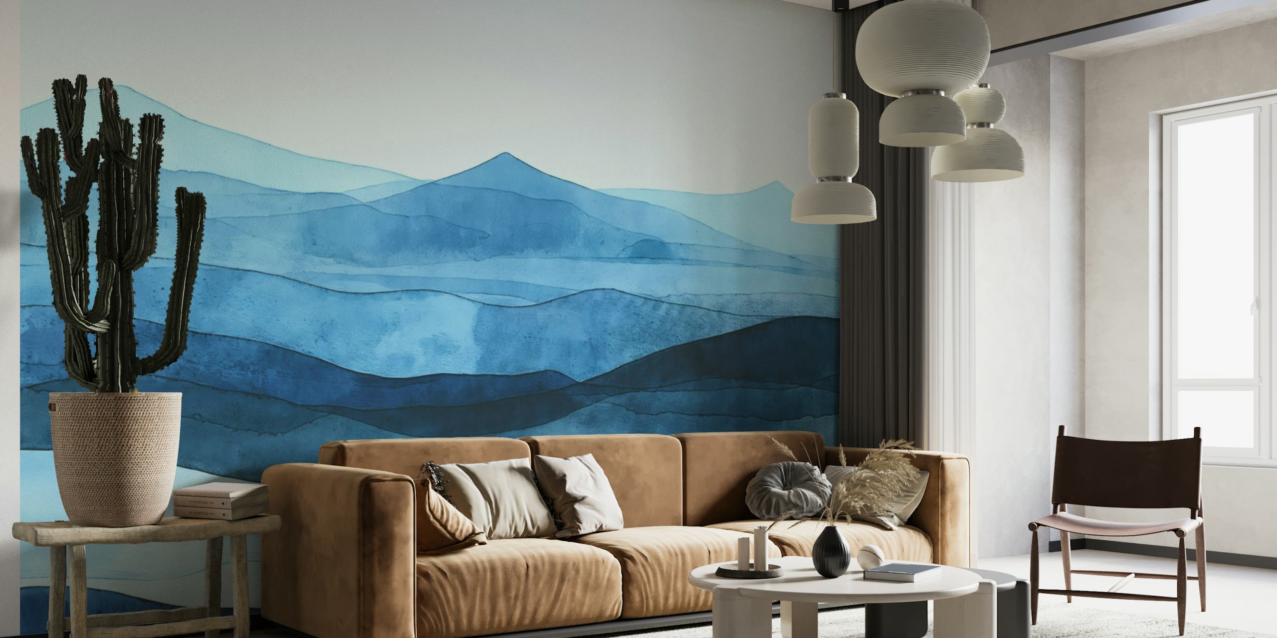 Mural de pared con diseño de acuarela de paisaje azul tranquilo que muestra pacíficas montañas y capas azules