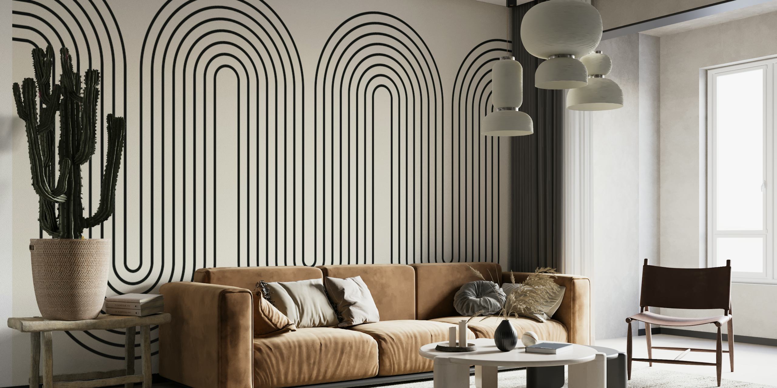 Fotomural vinílico de parede moderno e minimalista com linhas onduladas em tons de cinza