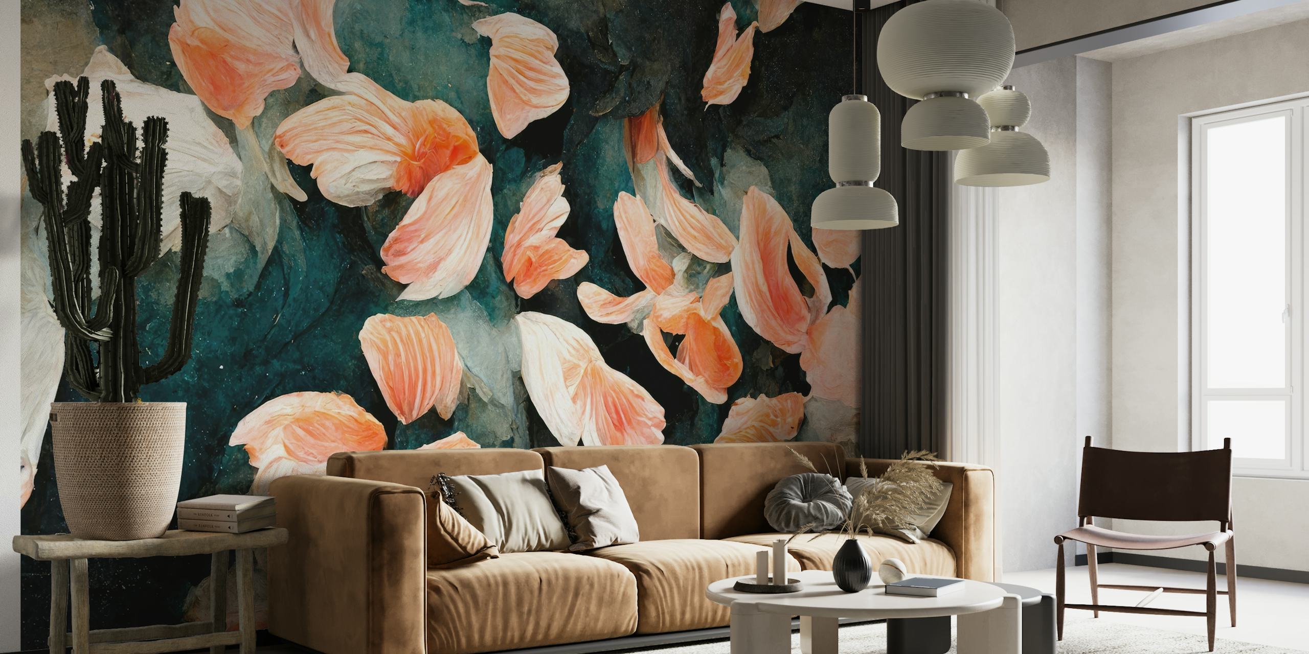 Salmon-pink petals wall mural with dark background