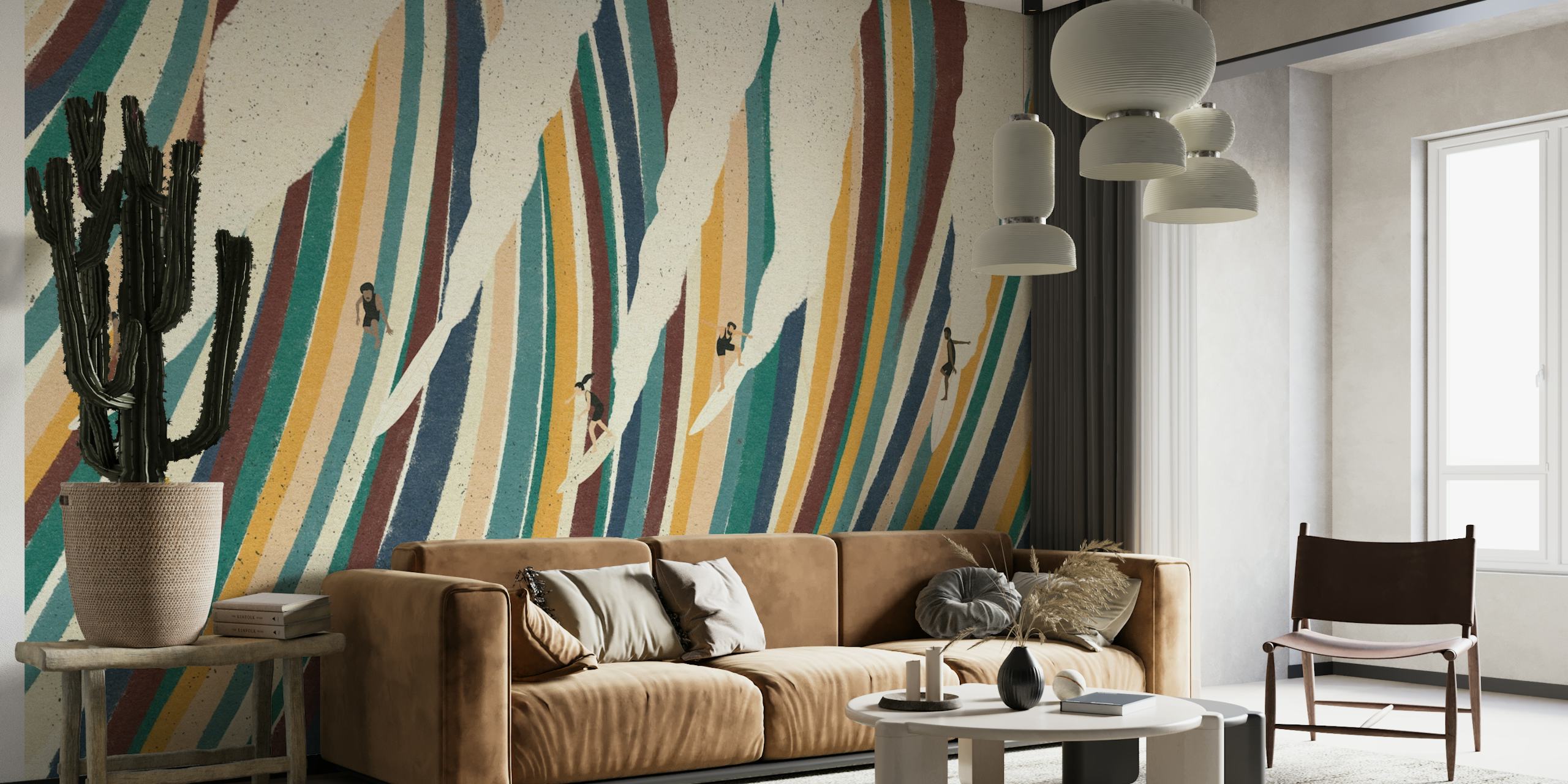 Mural de parede abstrato com padrão de ondas e surfistas montando um design Party Wave