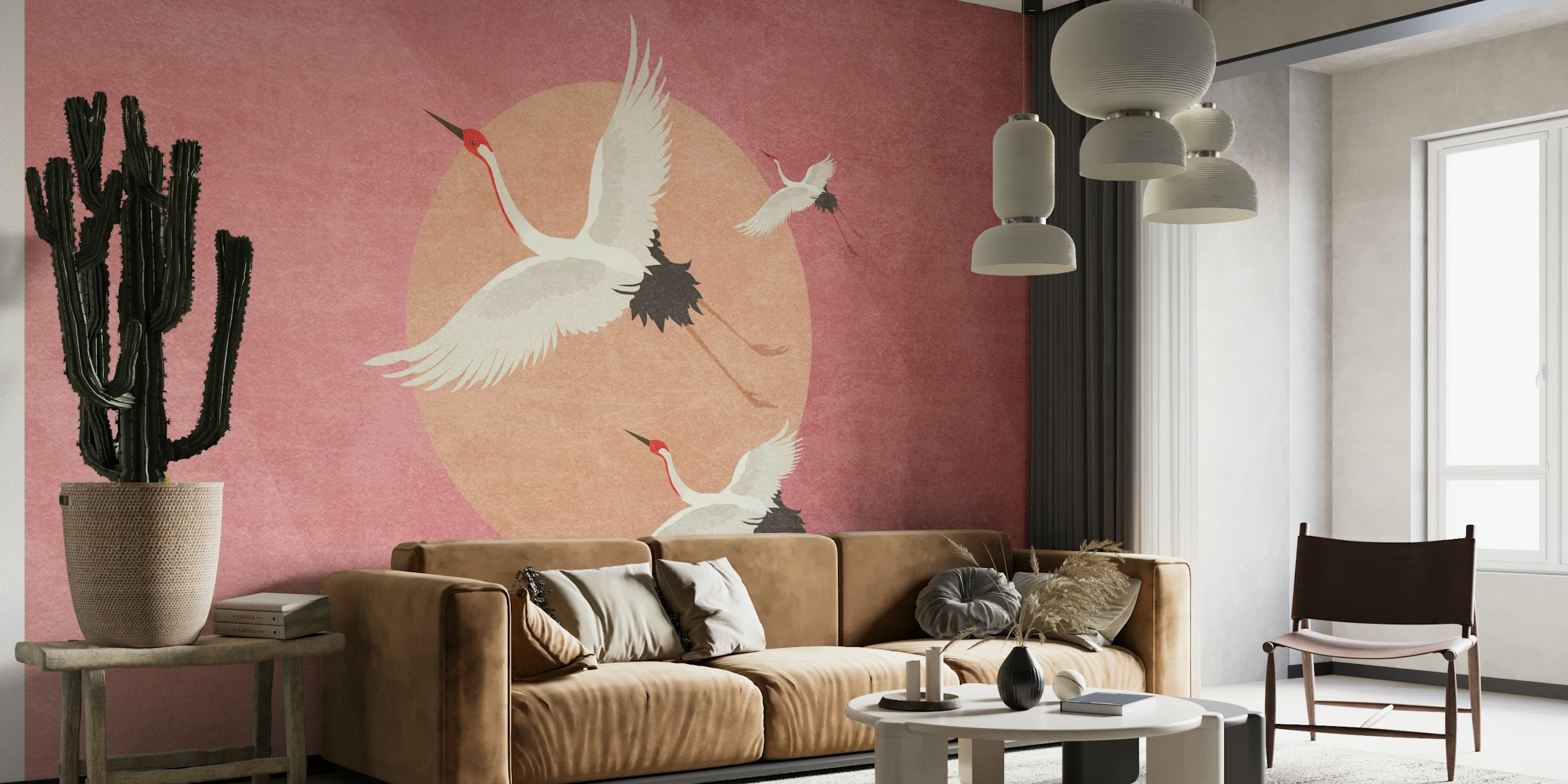 Wandgemälde „Kraniche im Flug“ von Bohonewart auf rosafarbenem Hintergrund