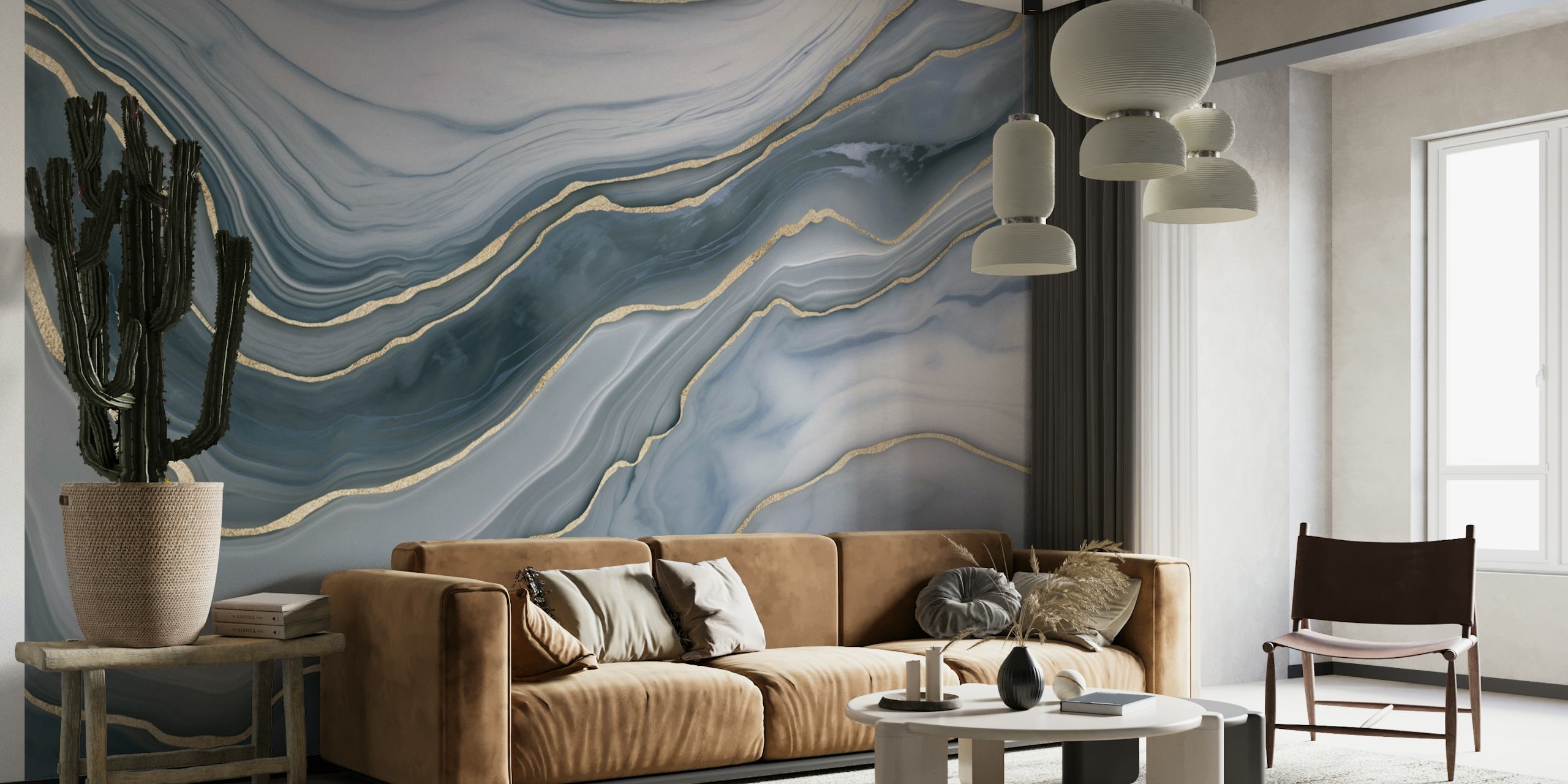 Luxe muurschildering met blauw en goud marmerpatroon voor een chique interieur