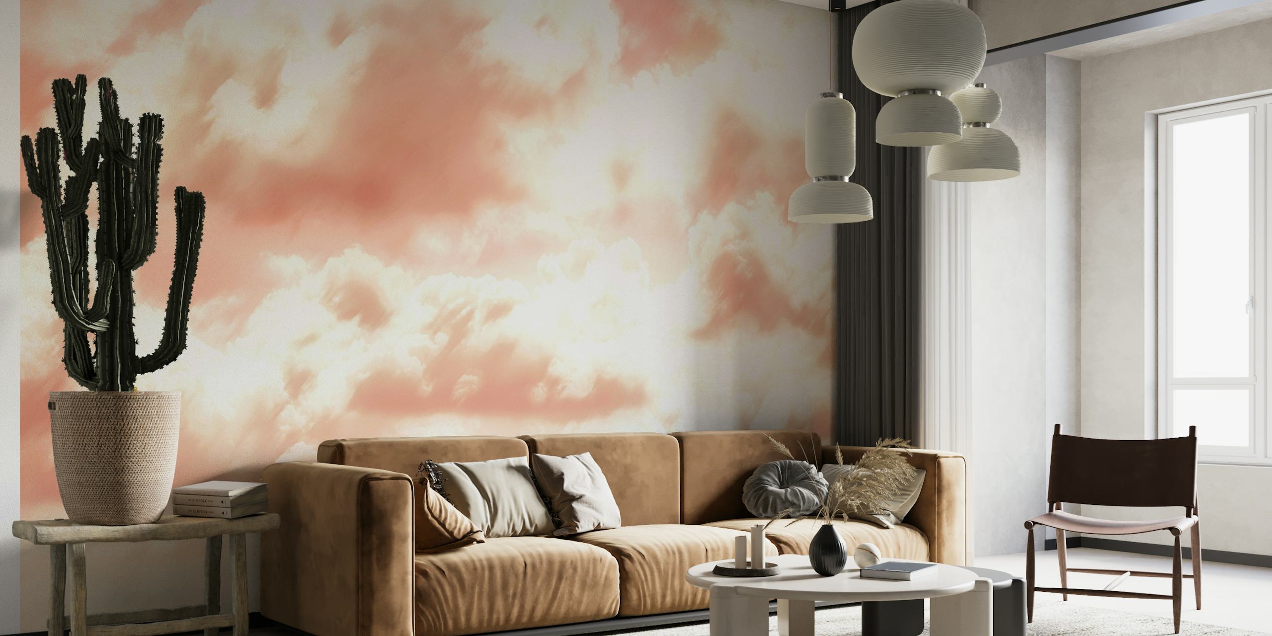 Pastellirusketuksen, poskipunan ja persikanvärinen auringonnousupilvien seinämaalaus