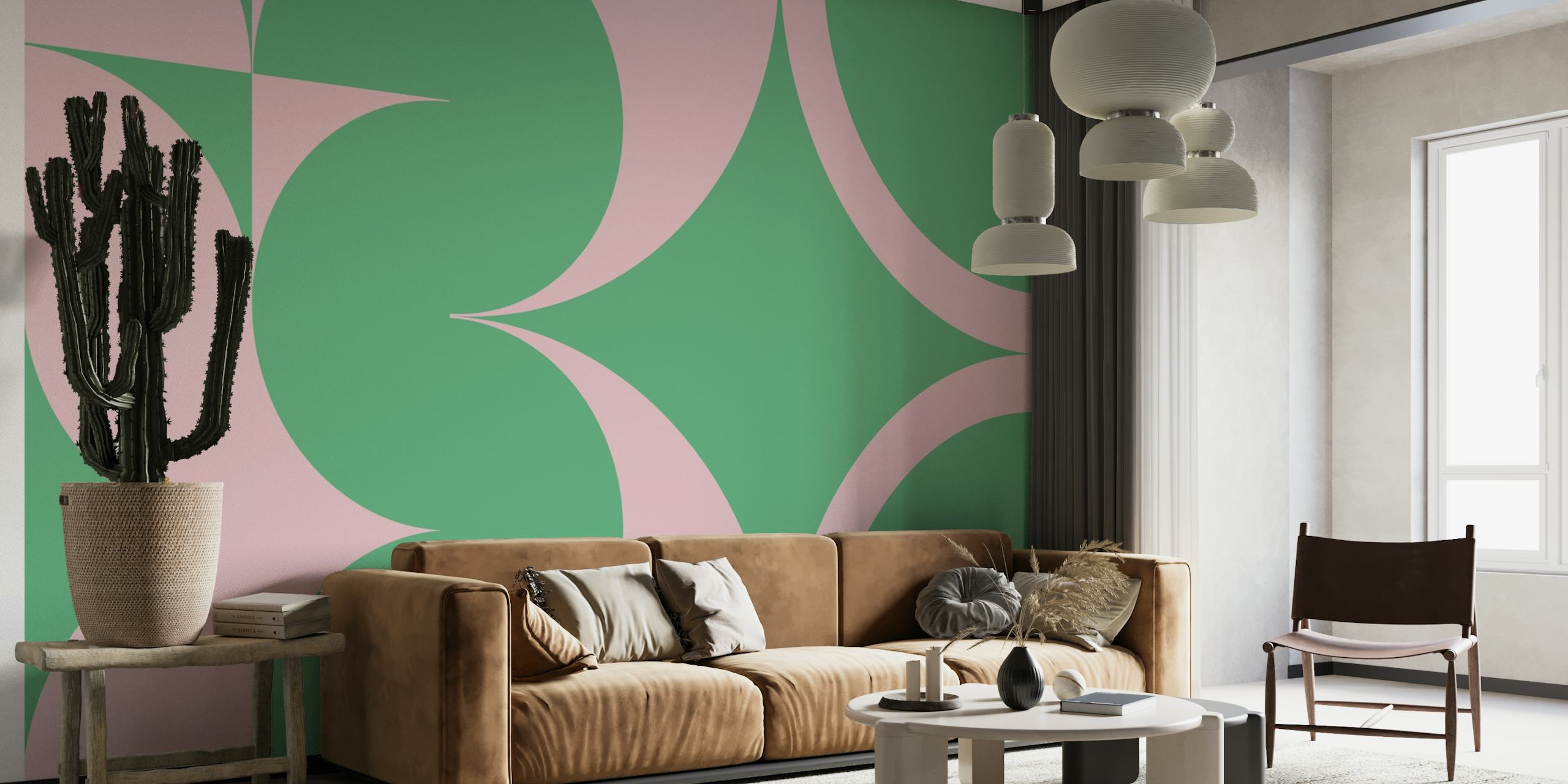 Vihreä ja vaaleanpunainen vuosisadan puolivälin moderni geometrinen kuviollinen seinätapetti
