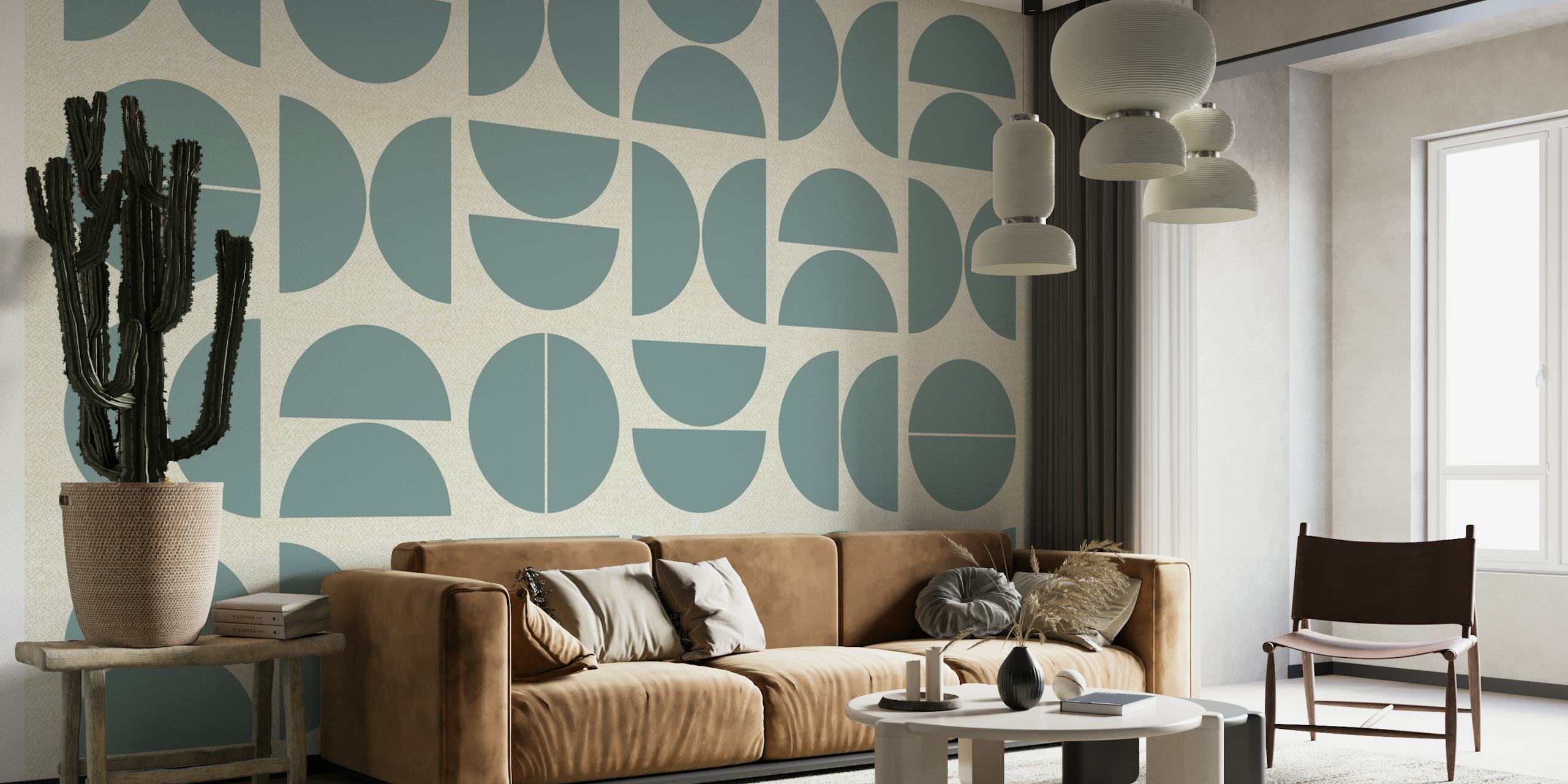 Medium blauwe Bauhaus muurschildering met geometrisch patroon
