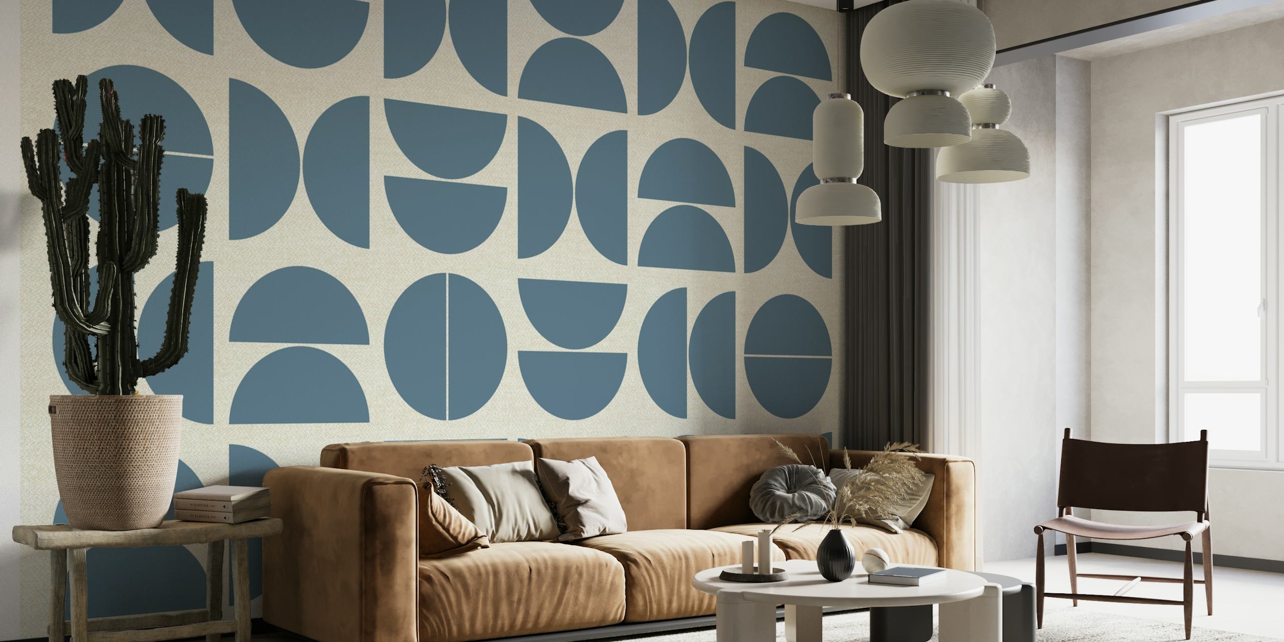 Abstrakti Bauhaus-tyylinen seinämaalaus, jossa geometrisia pyöreitä kuvioita sinisen sävyissä