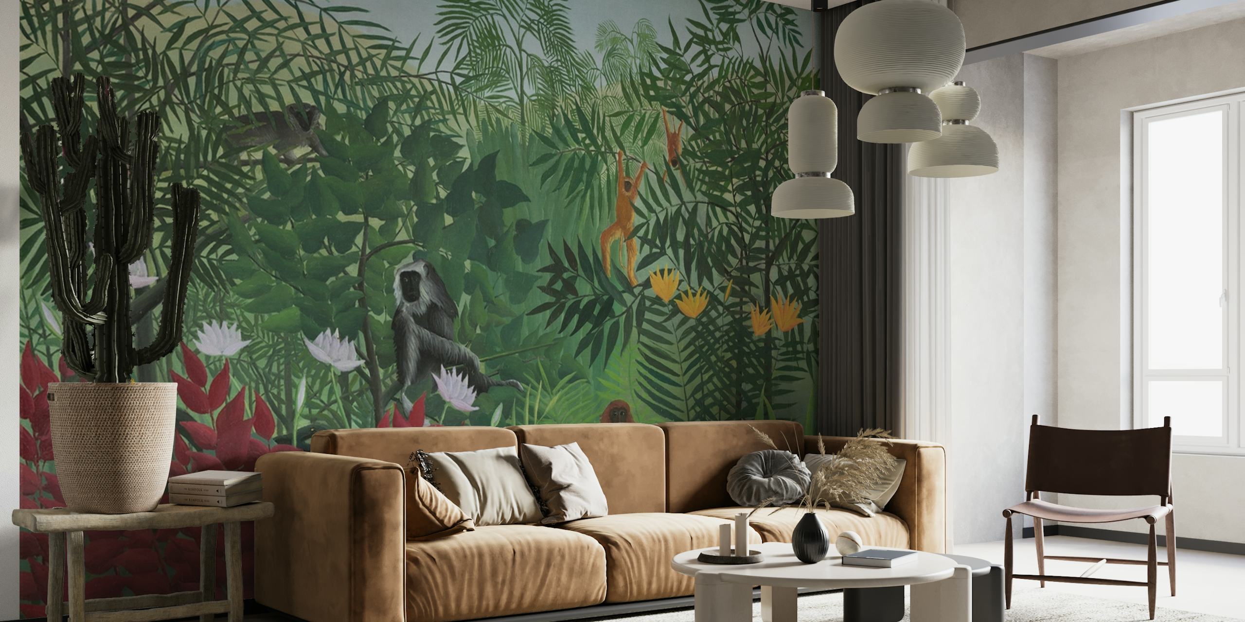 Mural de parede representando uma cena de floresta tropical com macacos, inspirado no estilo artístico de Henri Rousseau.