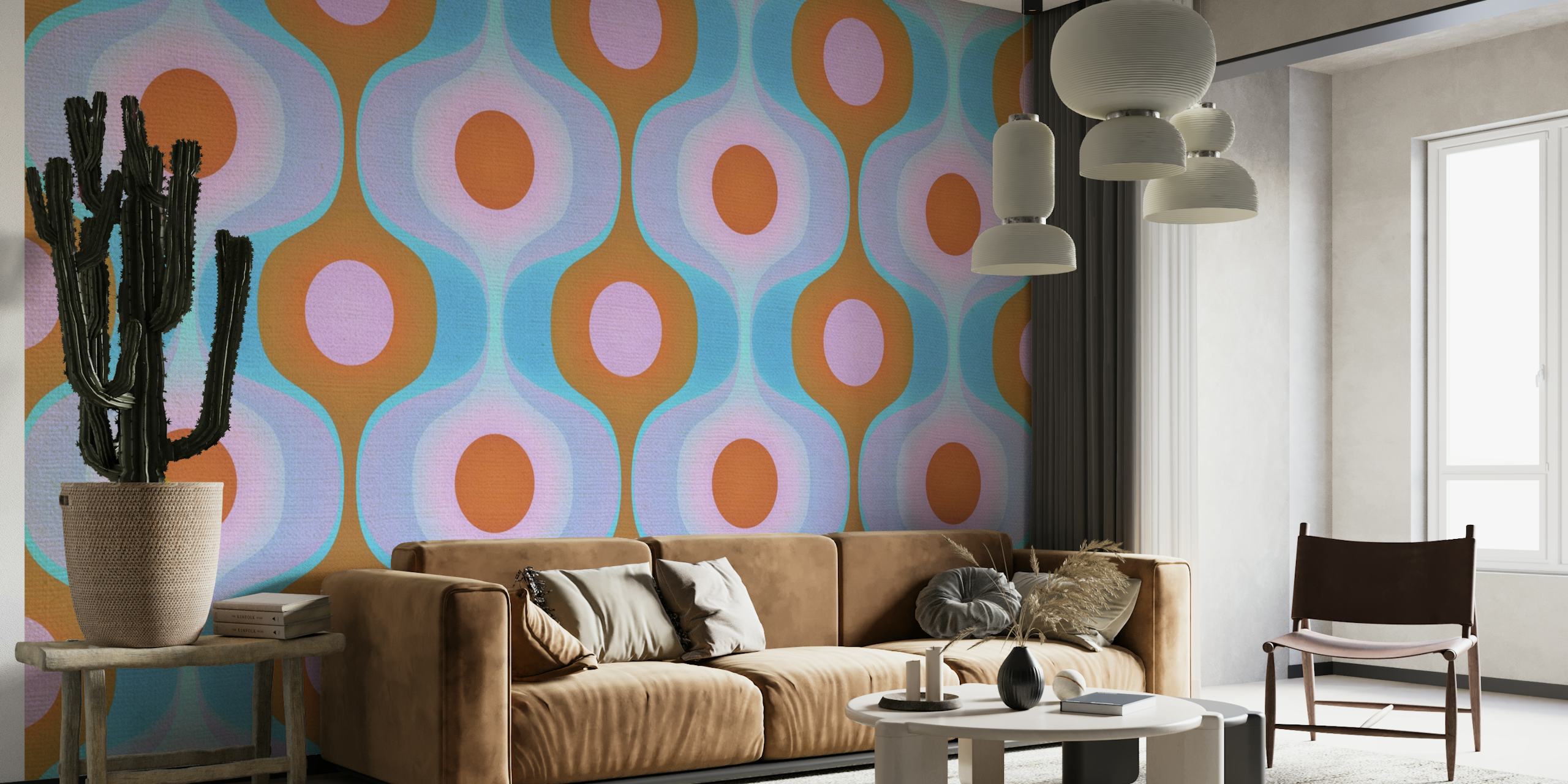 Mid Century Retro Vivid wall mural with geometric patterns in teal, orange, and white