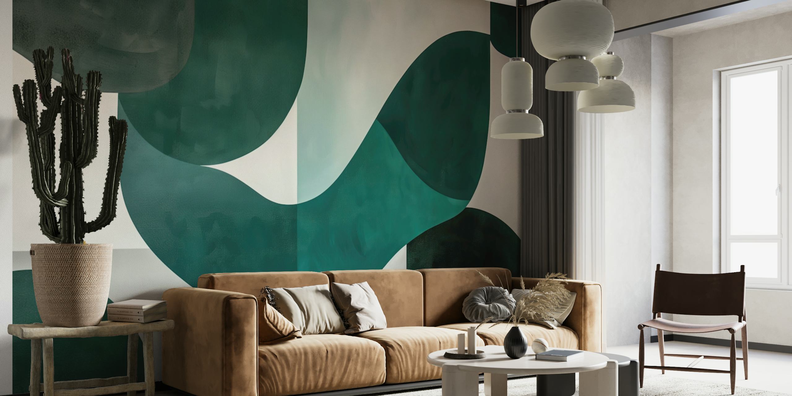 Abstract green wall mural in soothing shades with flowing shapes