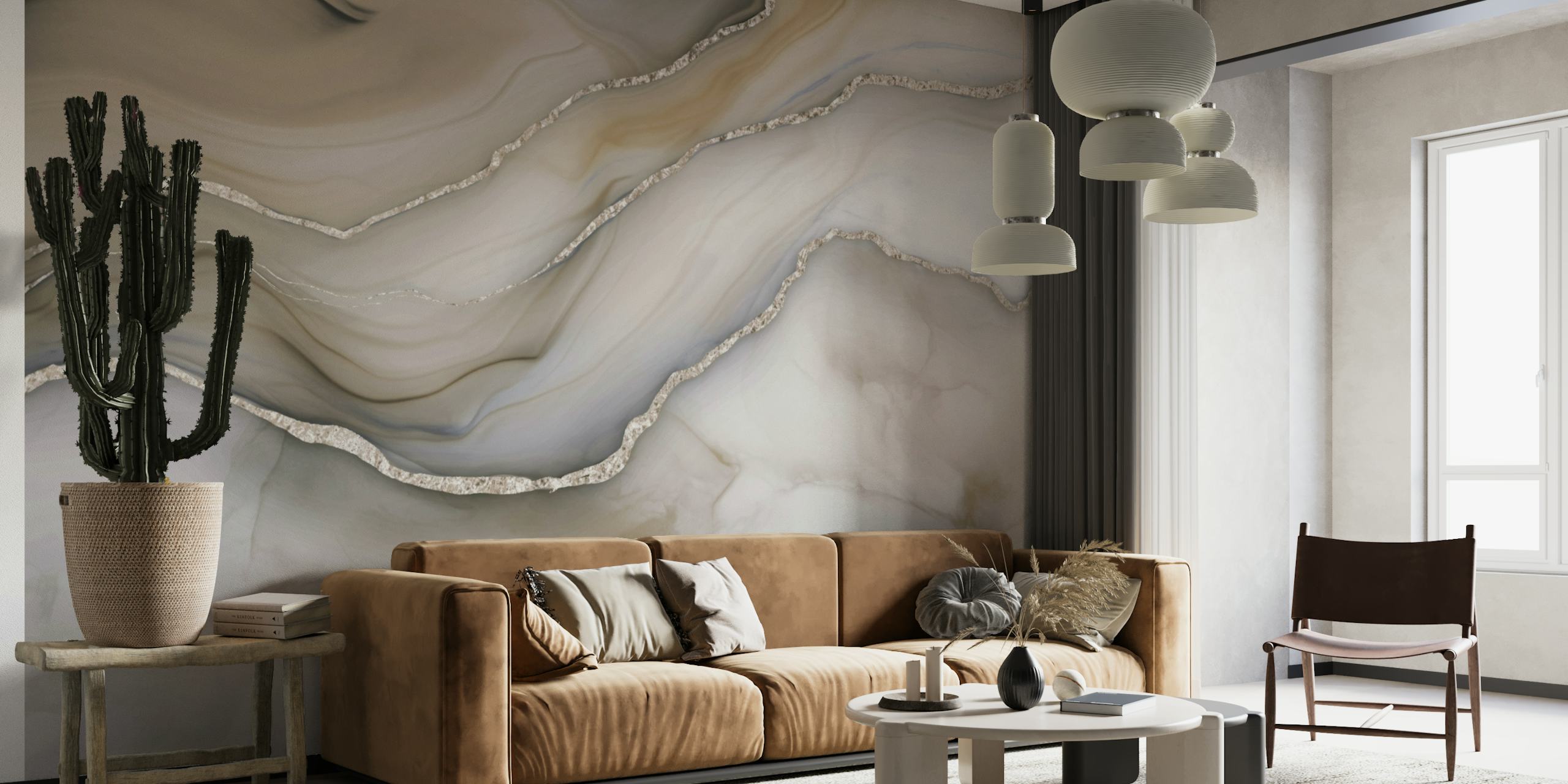 Luxuoso fotomural vinílico de parede com padrão de mármore marfim, marrom e bege para design de interiores