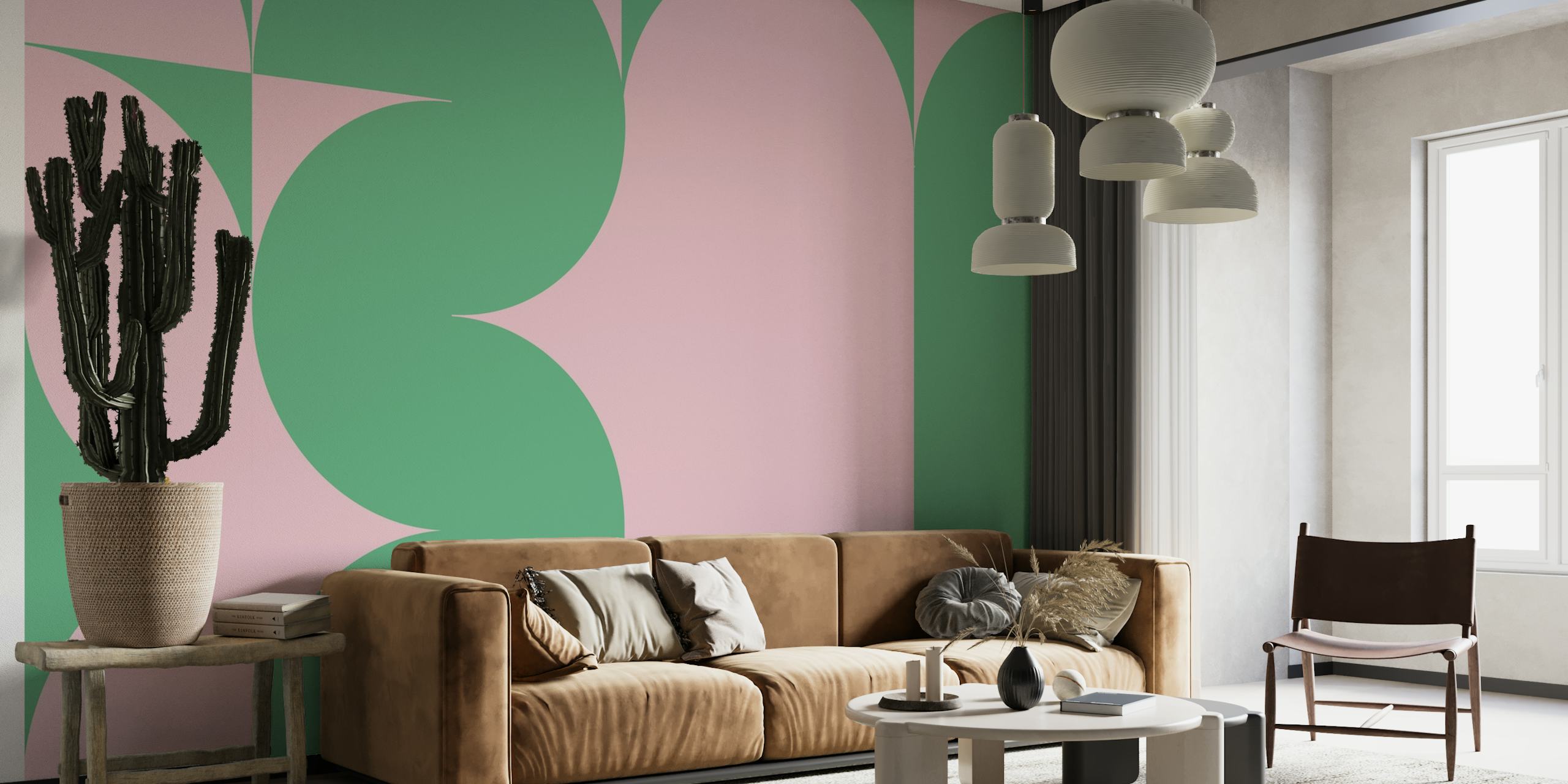 Mural de pared con bloques de color rosa y verde abstracto