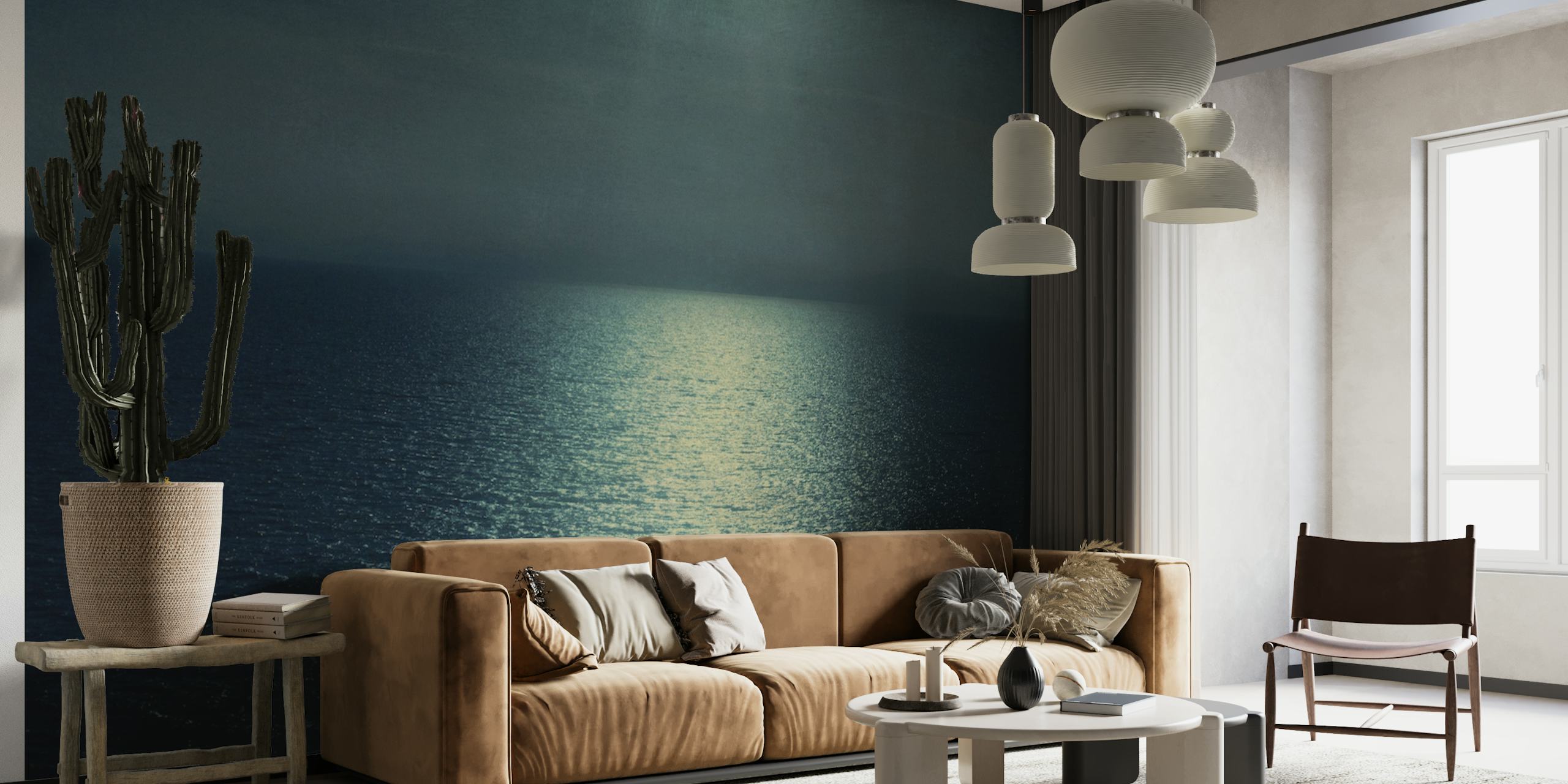 Rauhallinen valtameren auringonlaskun seinämaalaus, jossa on sinivihreän ja smaragdinvihreän sävyjä, jotka heijastavat kultaista valoa.