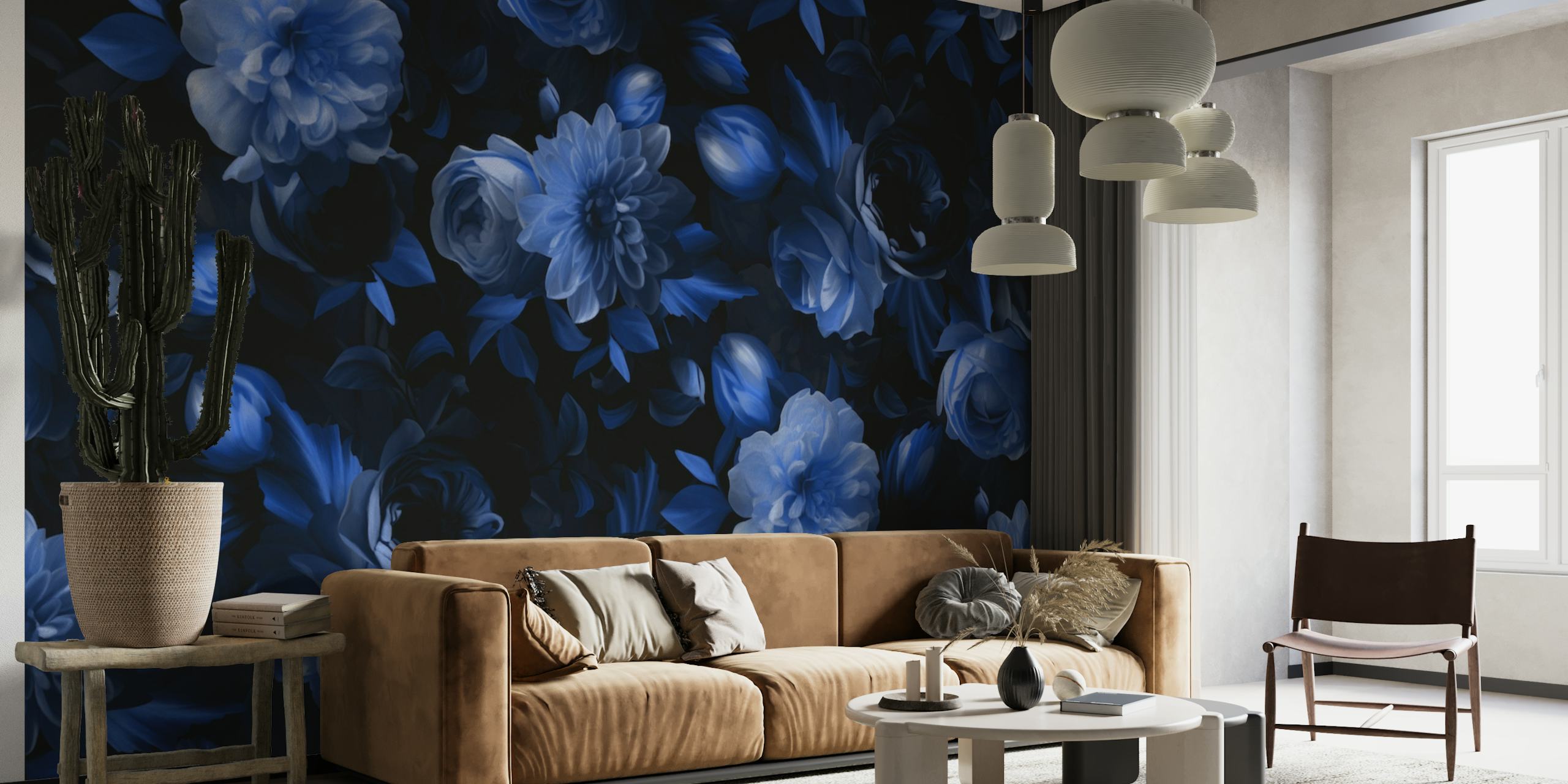 Elegant midnight blue floral pattern wall mural with baroque-inspired design.