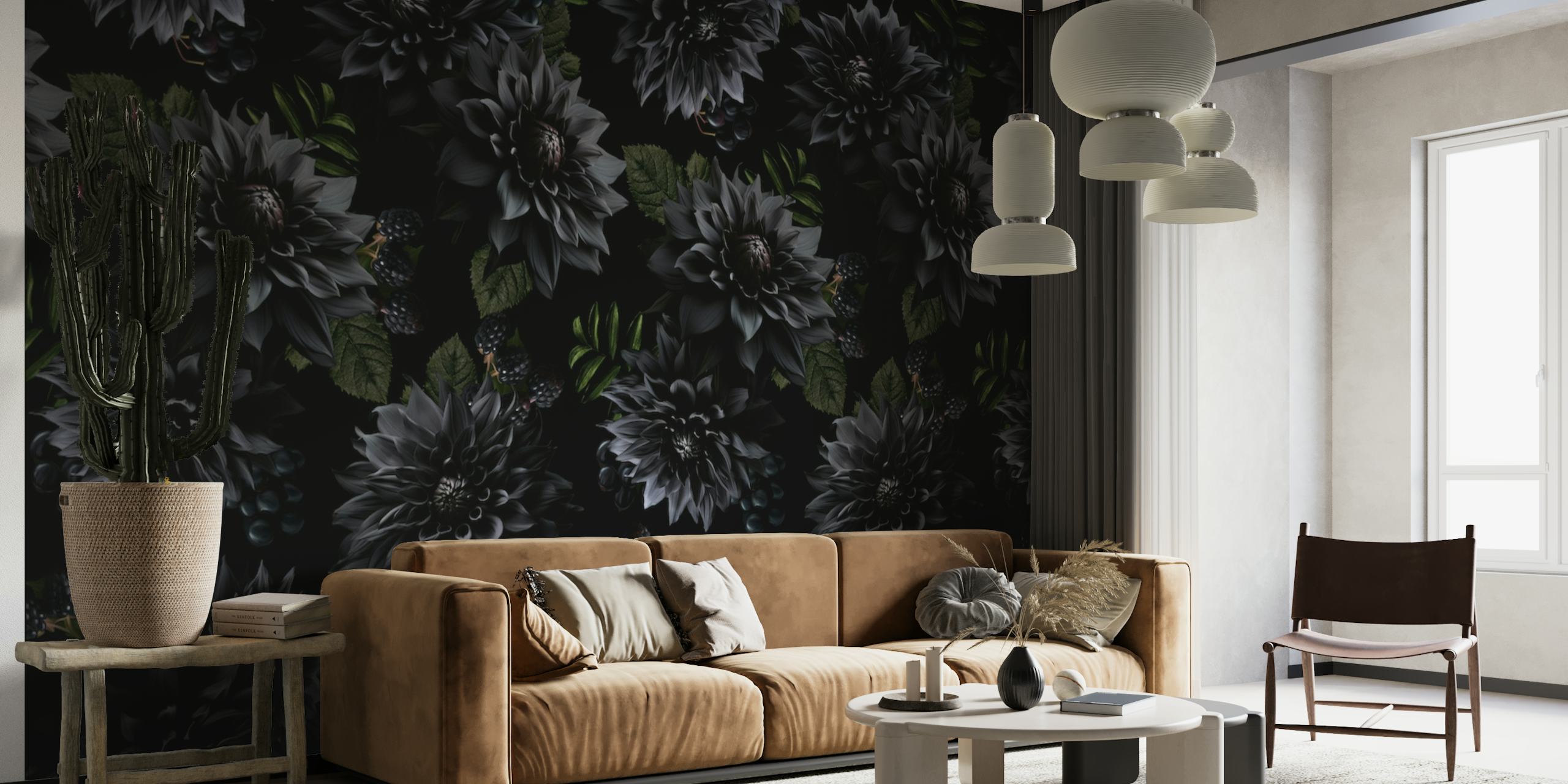 Zwart en grijs bloemmotief muurschildering in gotische stijl voor een mysterieuze nachtelijke tuinsfeer