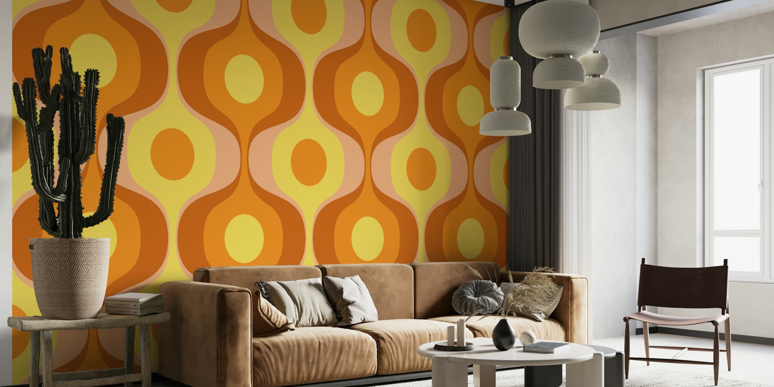 Keltainen ja oranssi retro 70-luvun tyylinen geometrinen kuviollinen seinämaalaus