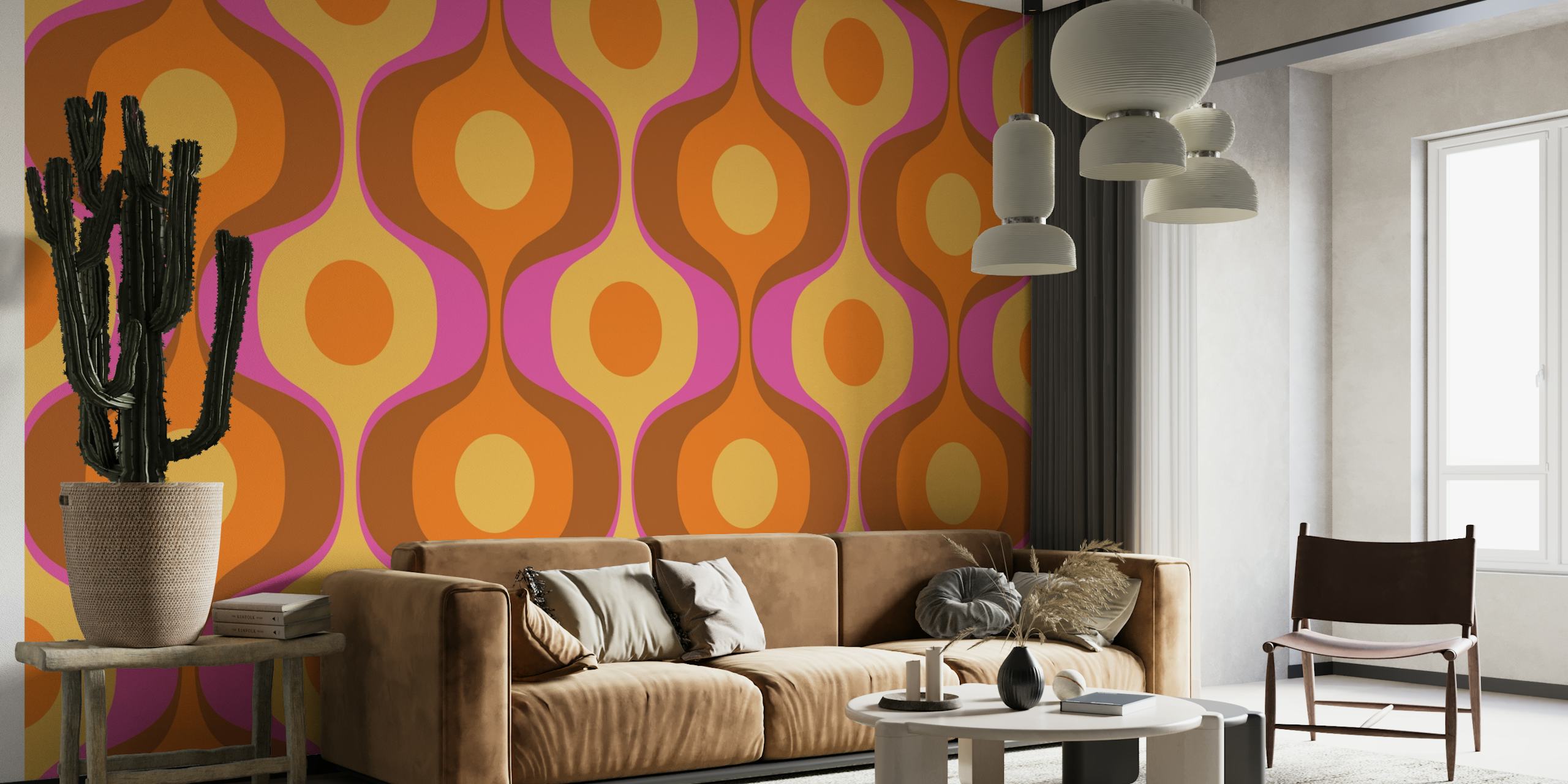 Mural de parede vívido de inspiração retrô com ondas geométricas abstratas em terracota, mostarda e lilás