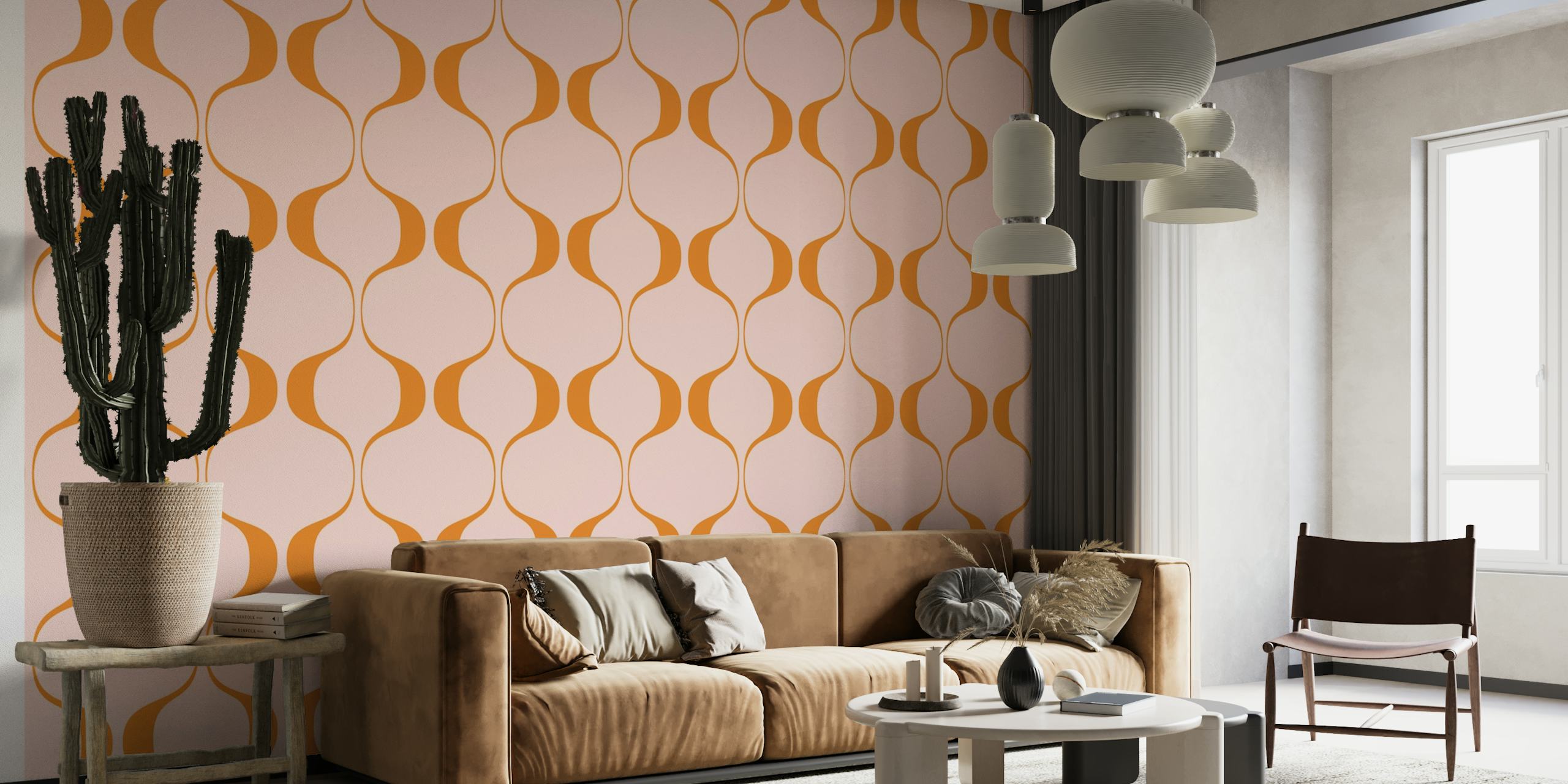Vintage abstract geometric pattern wall mural in orange and pink tones