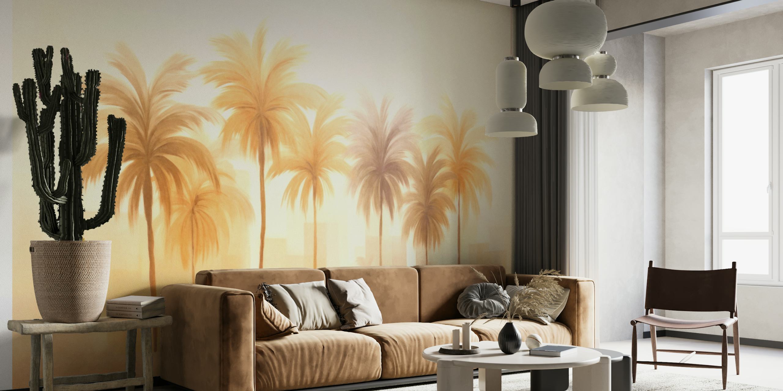 Golden Oasis Sunrise Palm Trees papel de parede