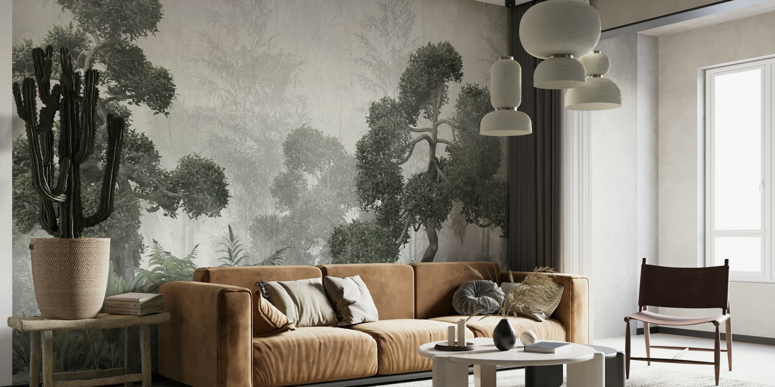 Monokrom tropiske træer vægmaleri med tåget baggrund