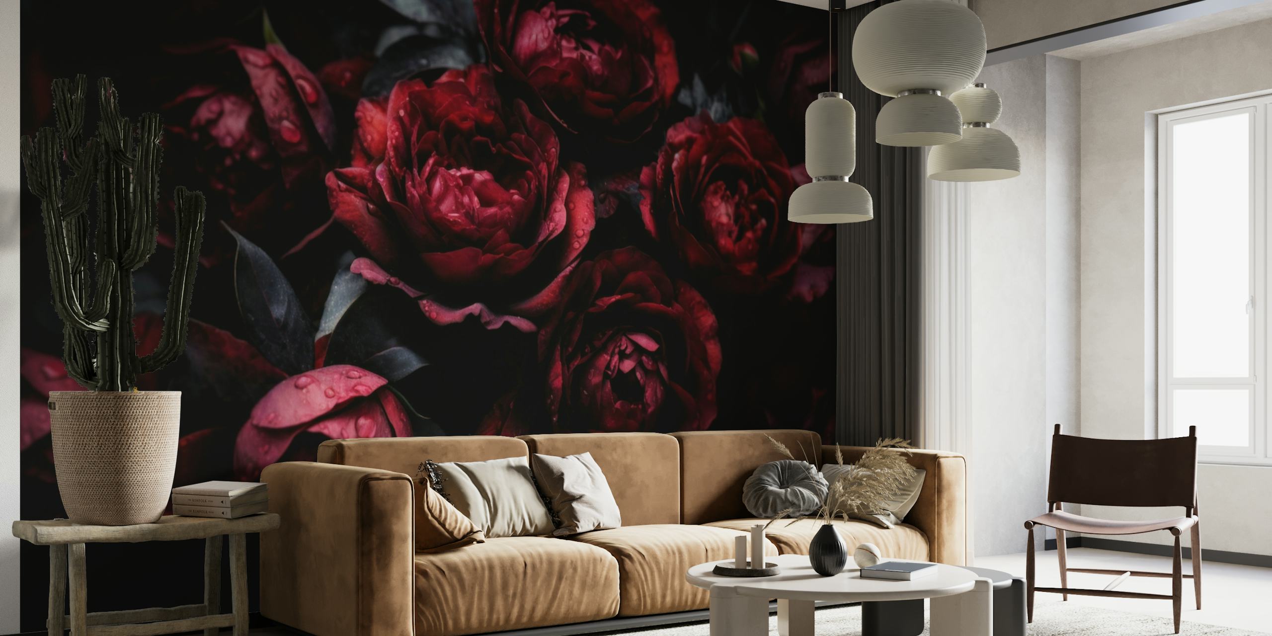 Opulent Moody Dark Burgundy Baroque Roses wallpaper