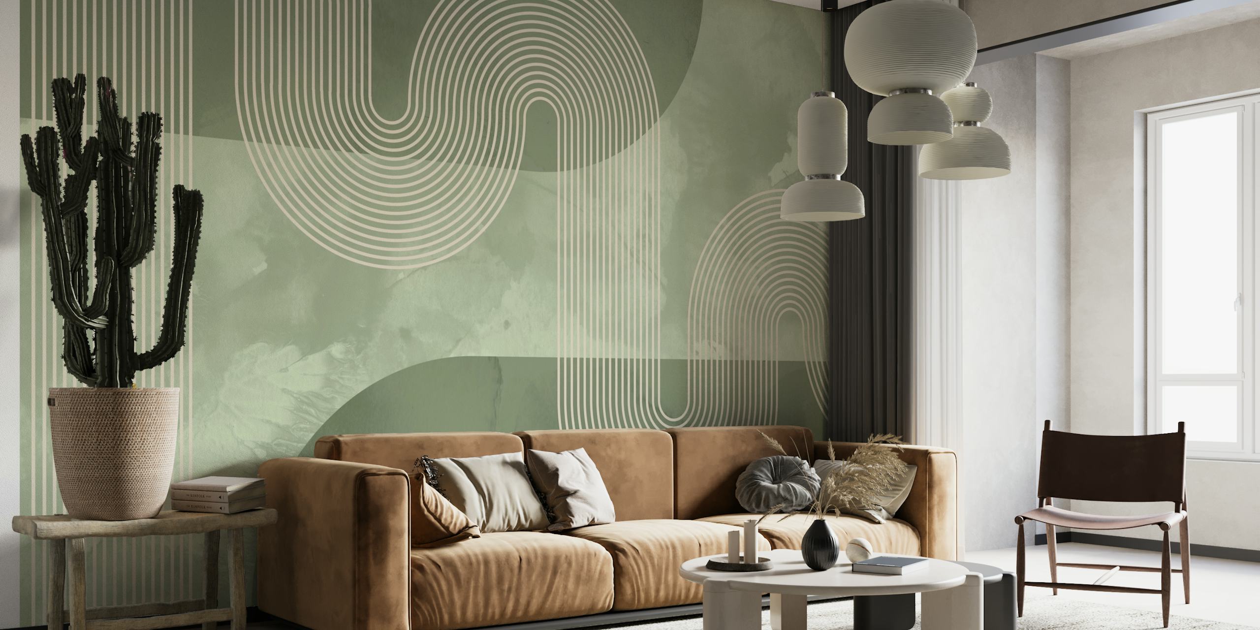 Mid Century Modern Curvy Lines in Watercolour wall mural with muted green tones for a vintage-inspired decor