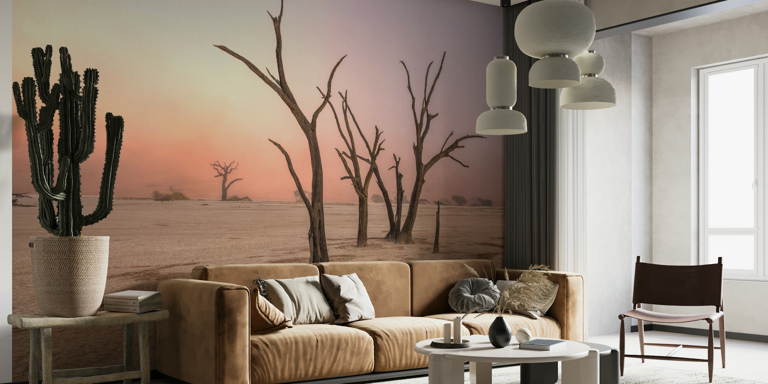 Fog in Deadvlei wall mural featuring camel thorn trees and misty sunrise
