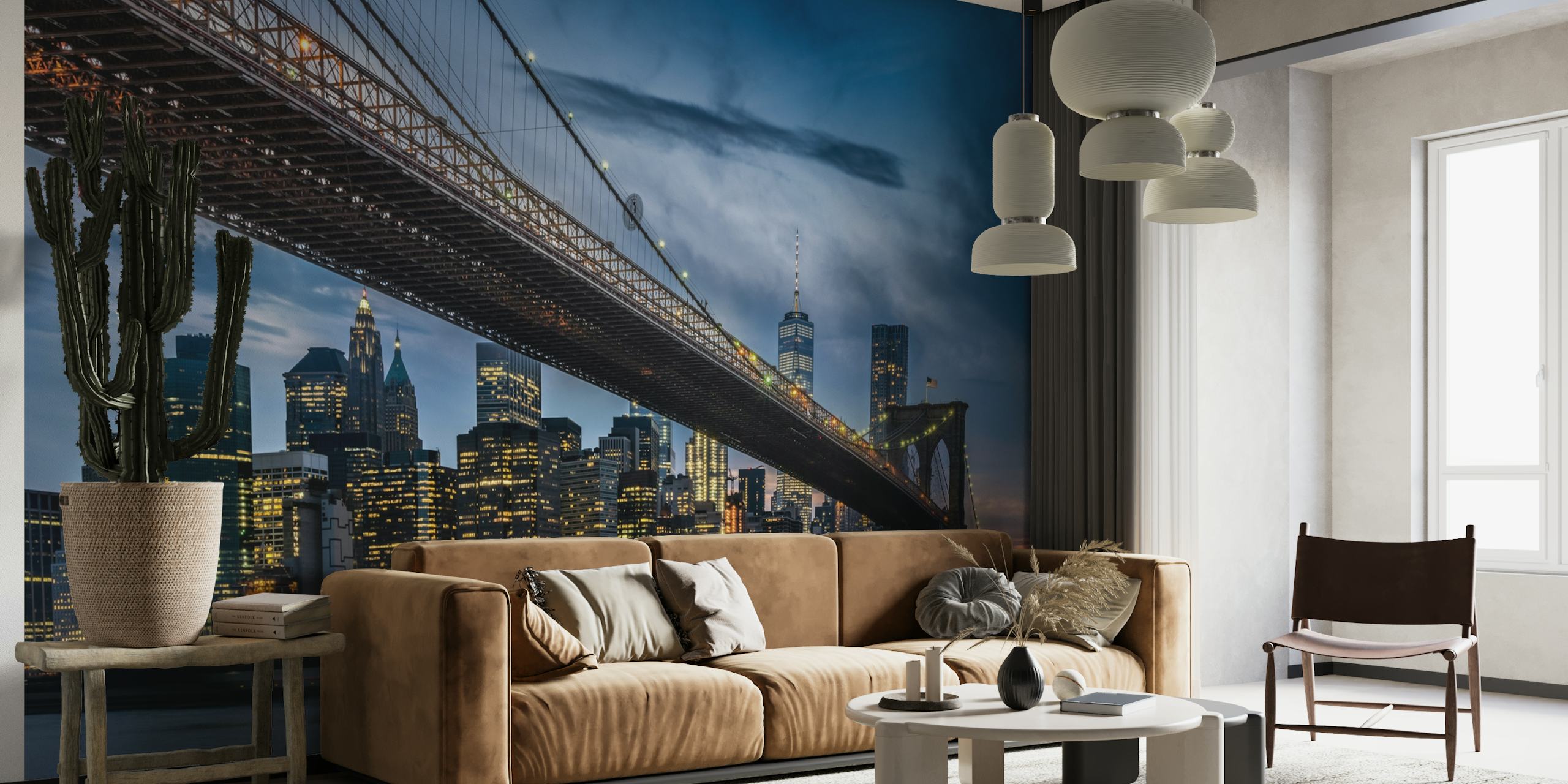Brooklyn Bridge ja Manhattanin siluetti hämärässä seinämaalauksessa