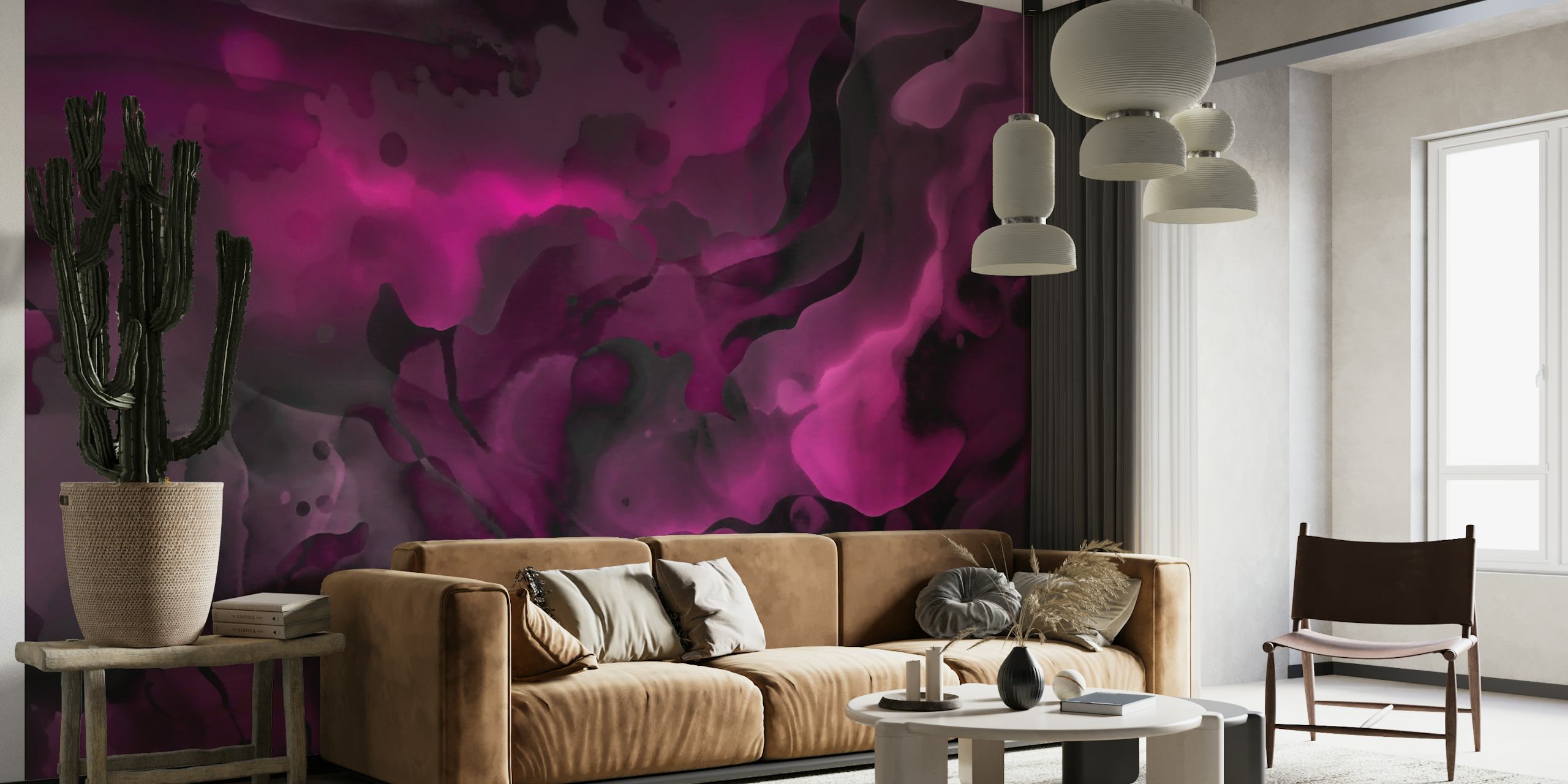 Abstraktní purpurová a černá mramorovaná nástěnná malba