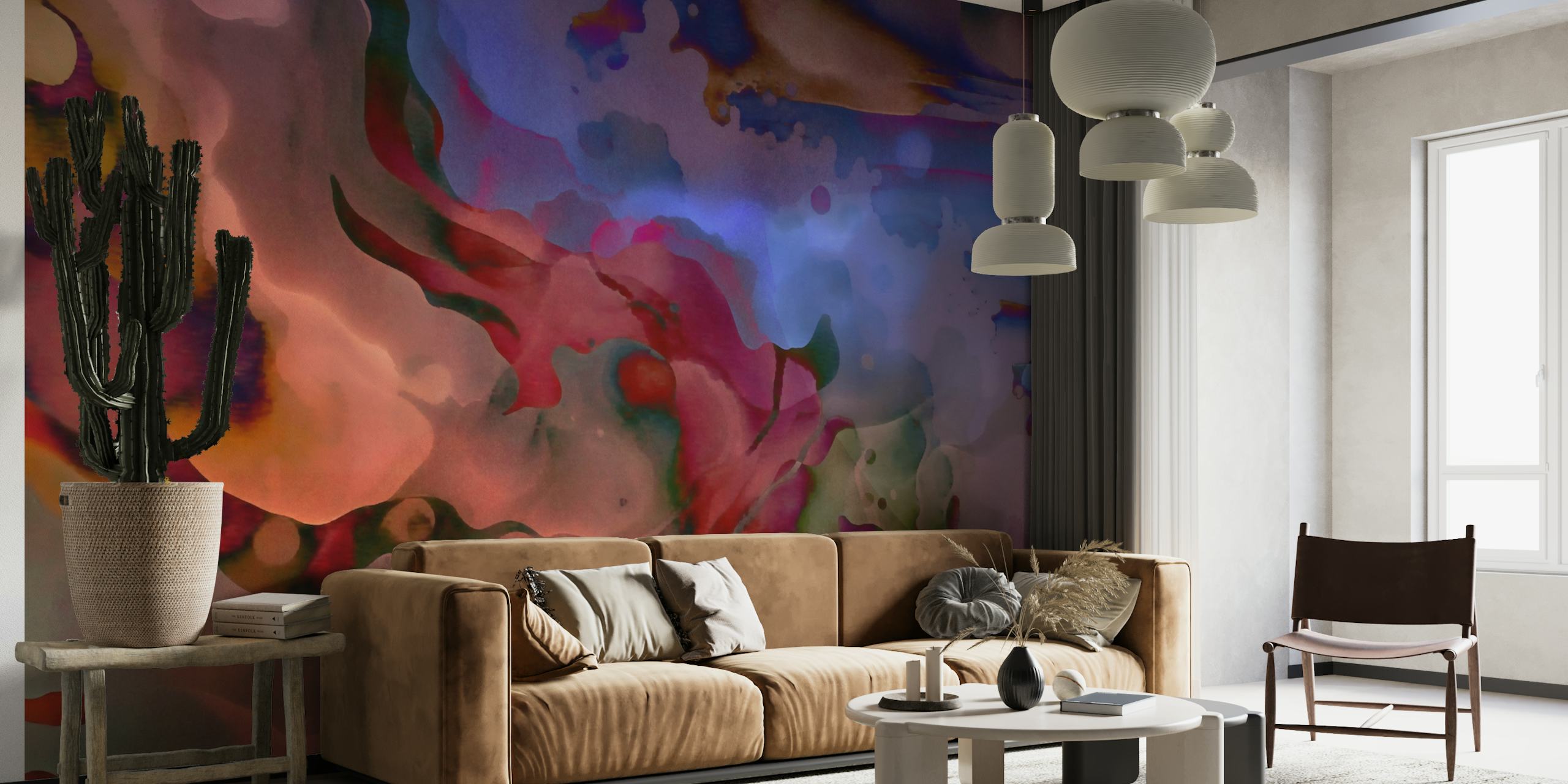 Abstract wall mural with swirls of blue, purple, and hints of warm colors, representing the ocean at night.