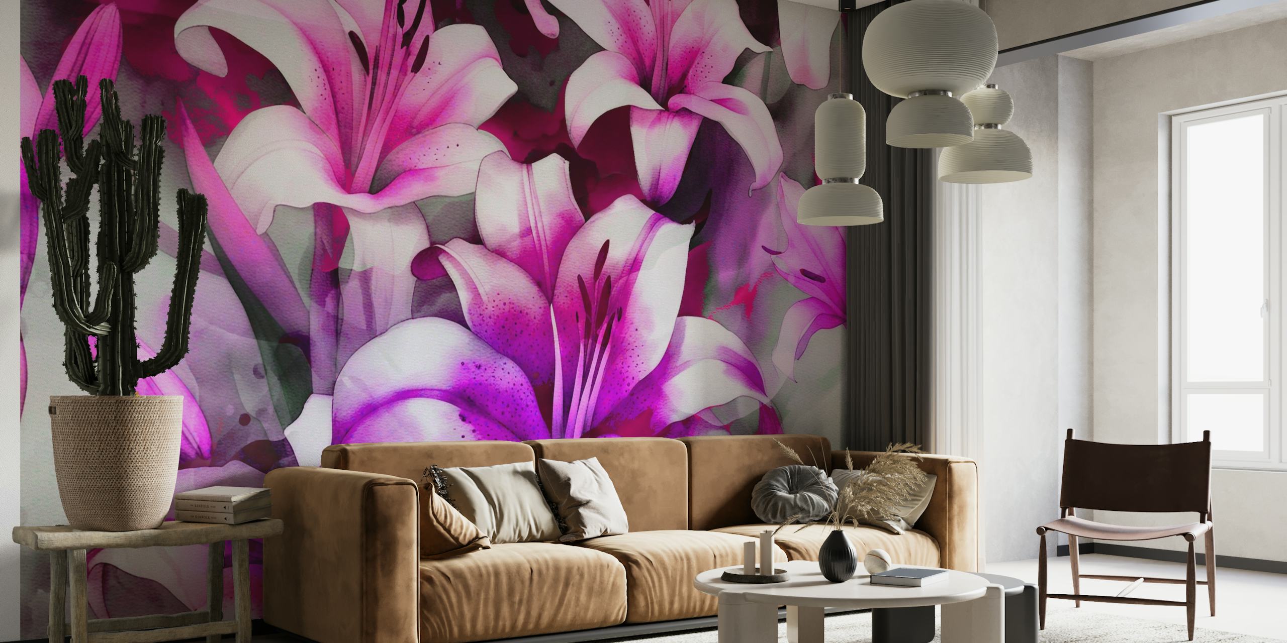 Abstrakti akvarellimaalaus vaaleanpunaisista ja violeteista liljoista unelmoivalla estetiikalla