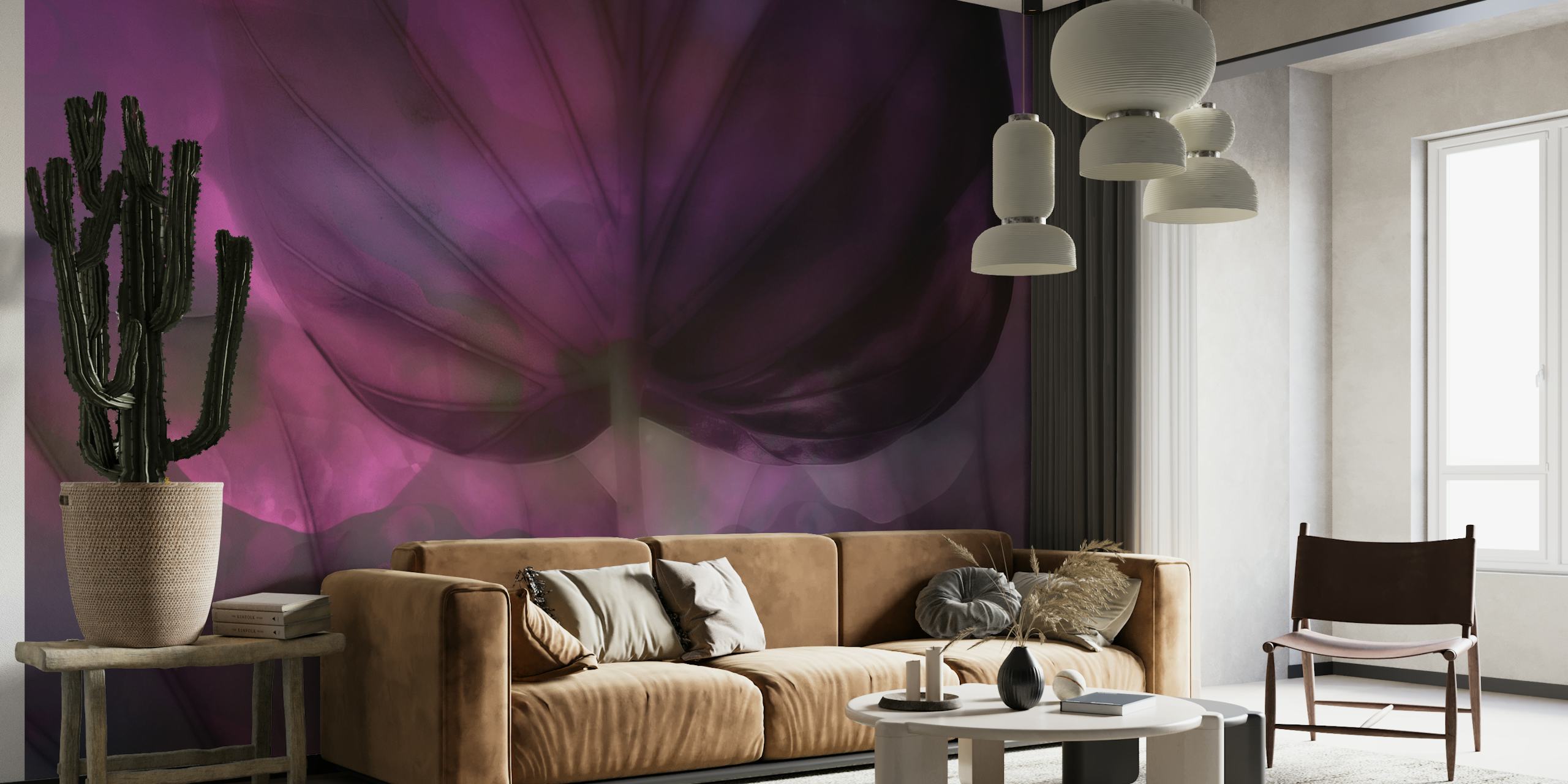 Moody Leaf Abstrakti kukkainen seinämaalaus, jossa on sekoitus syvän violetin ja harmaan sävyjä sulavassa taidetyylissä