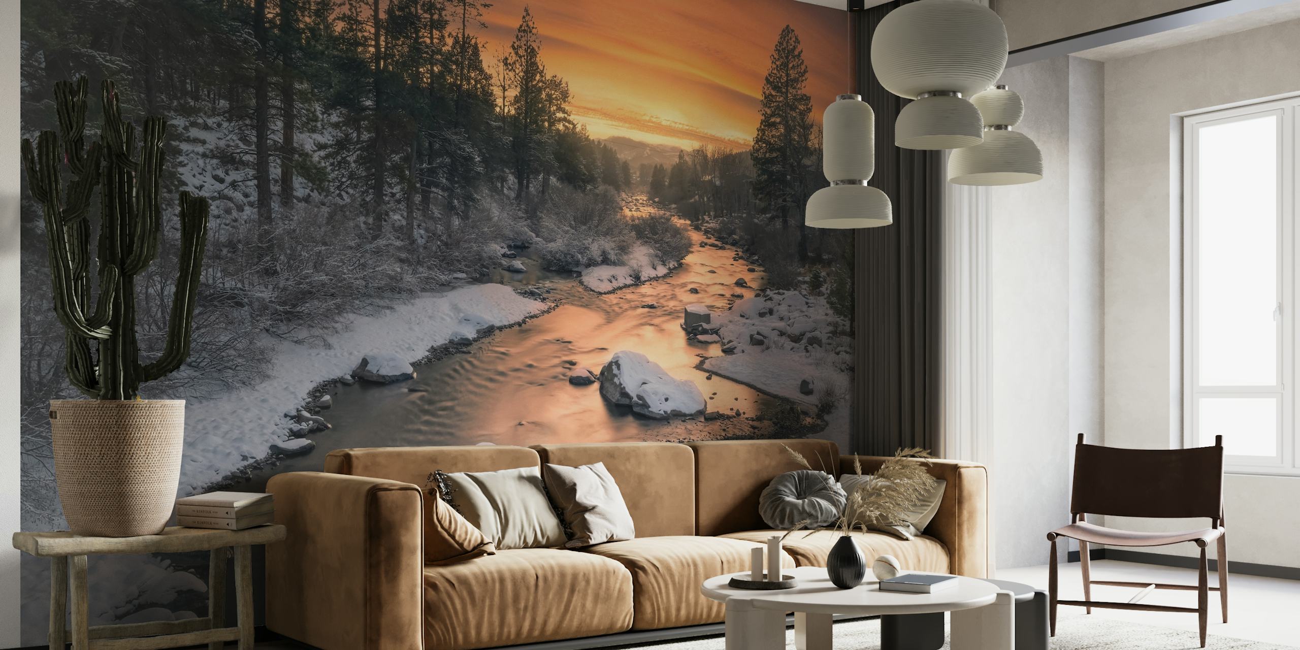 Truckee rivier muurschildering met zonsondergang en besneeuwd landschap