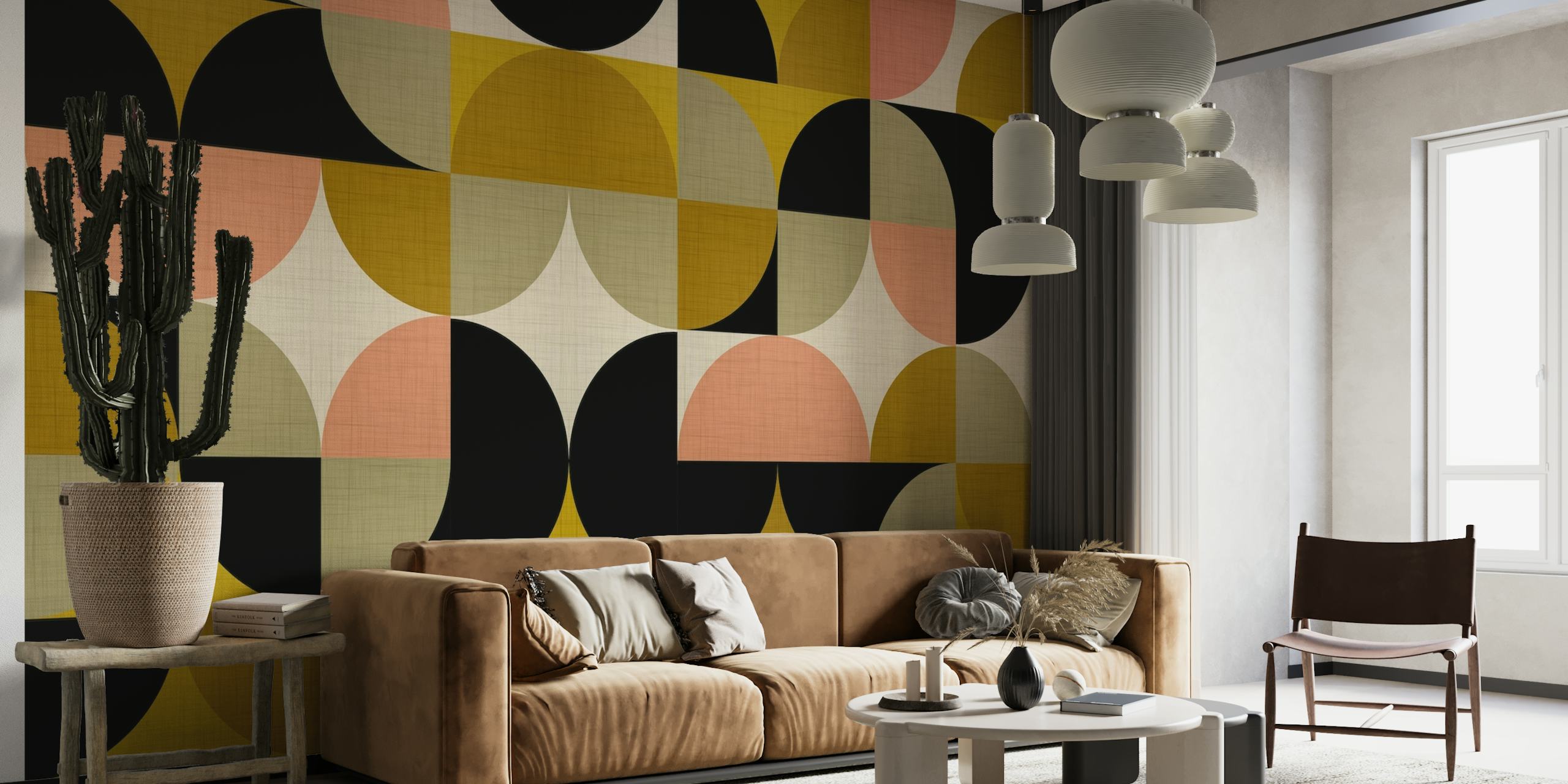 Mid Century Classic geometric pattern wall mural in peach, mustard, black, and taupe