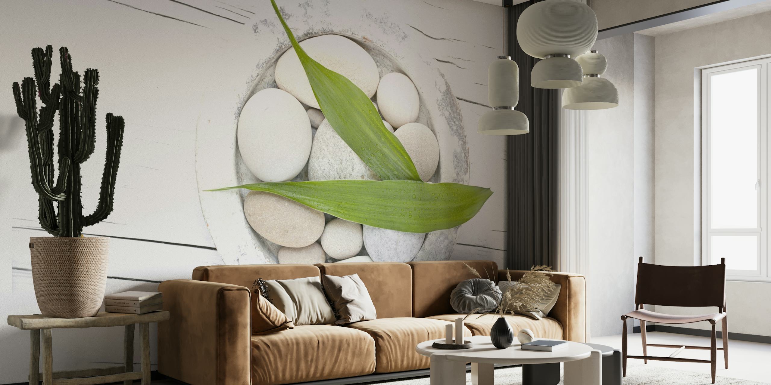 Zen Style Still Pebble And Green Leaf behang