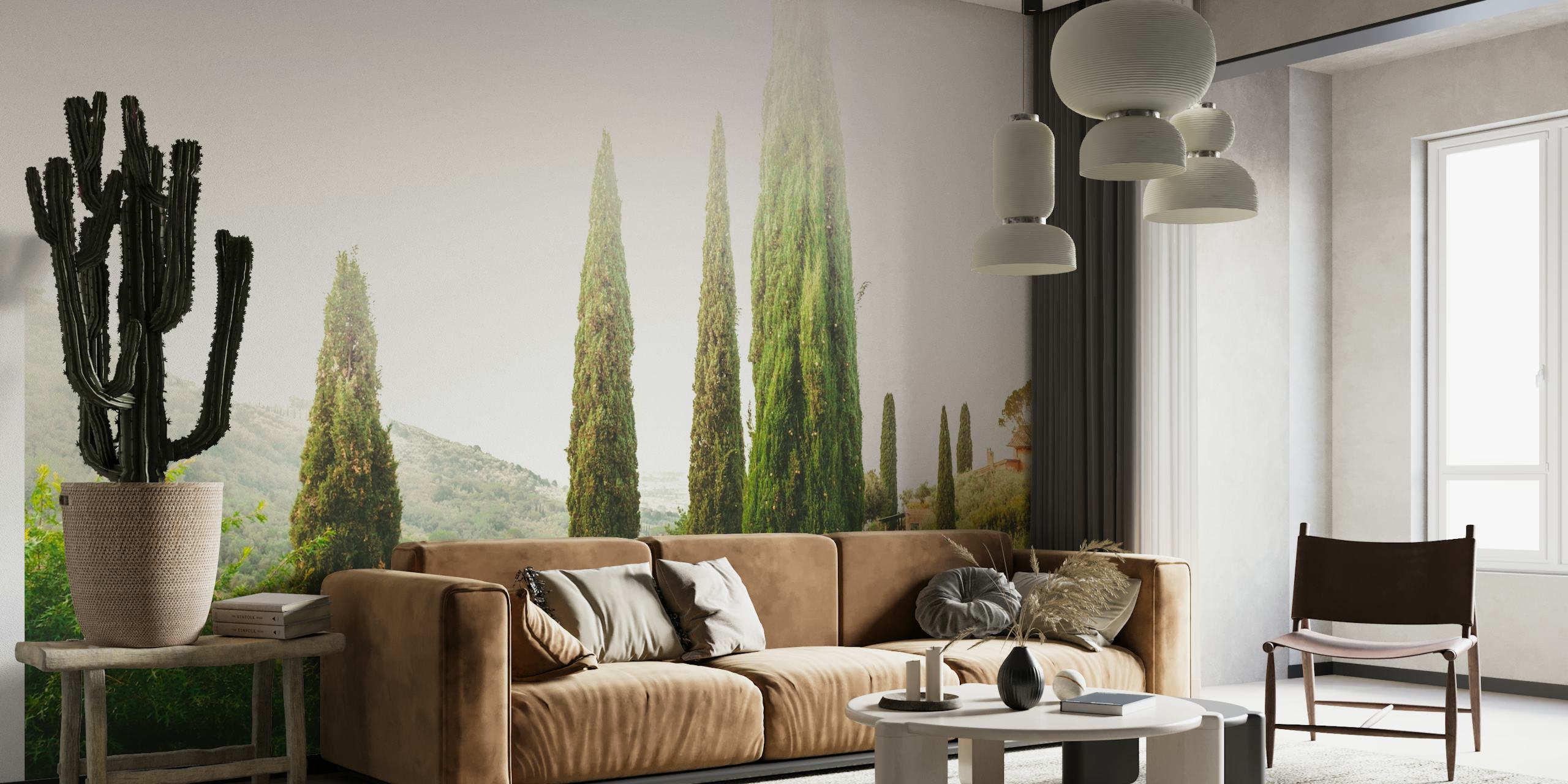 Toscanan maisemamaalaus sypressipuilla ja mäkiä