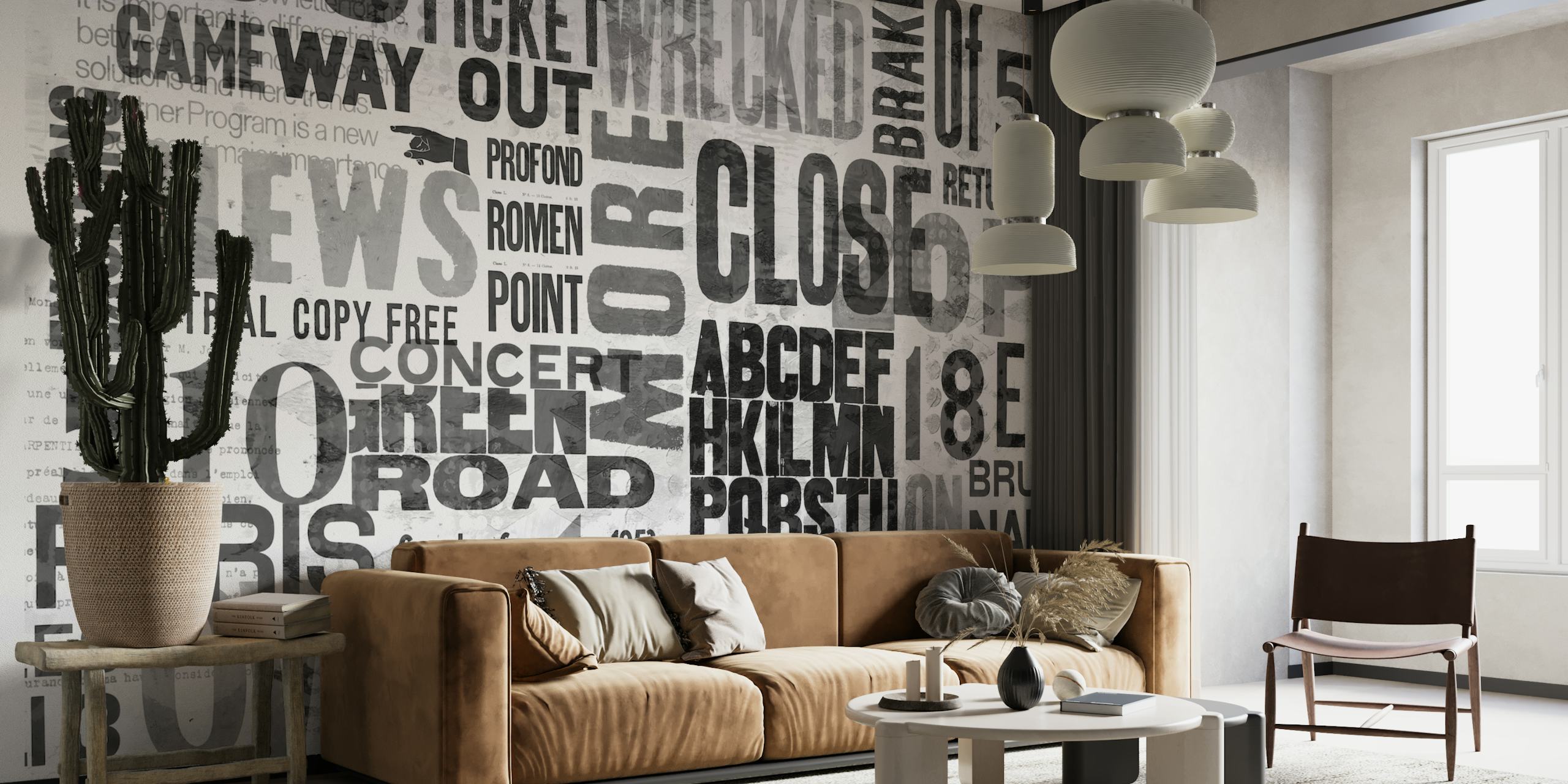 Monochromatic urban street art wall mural with a mix of typography and abstract elements