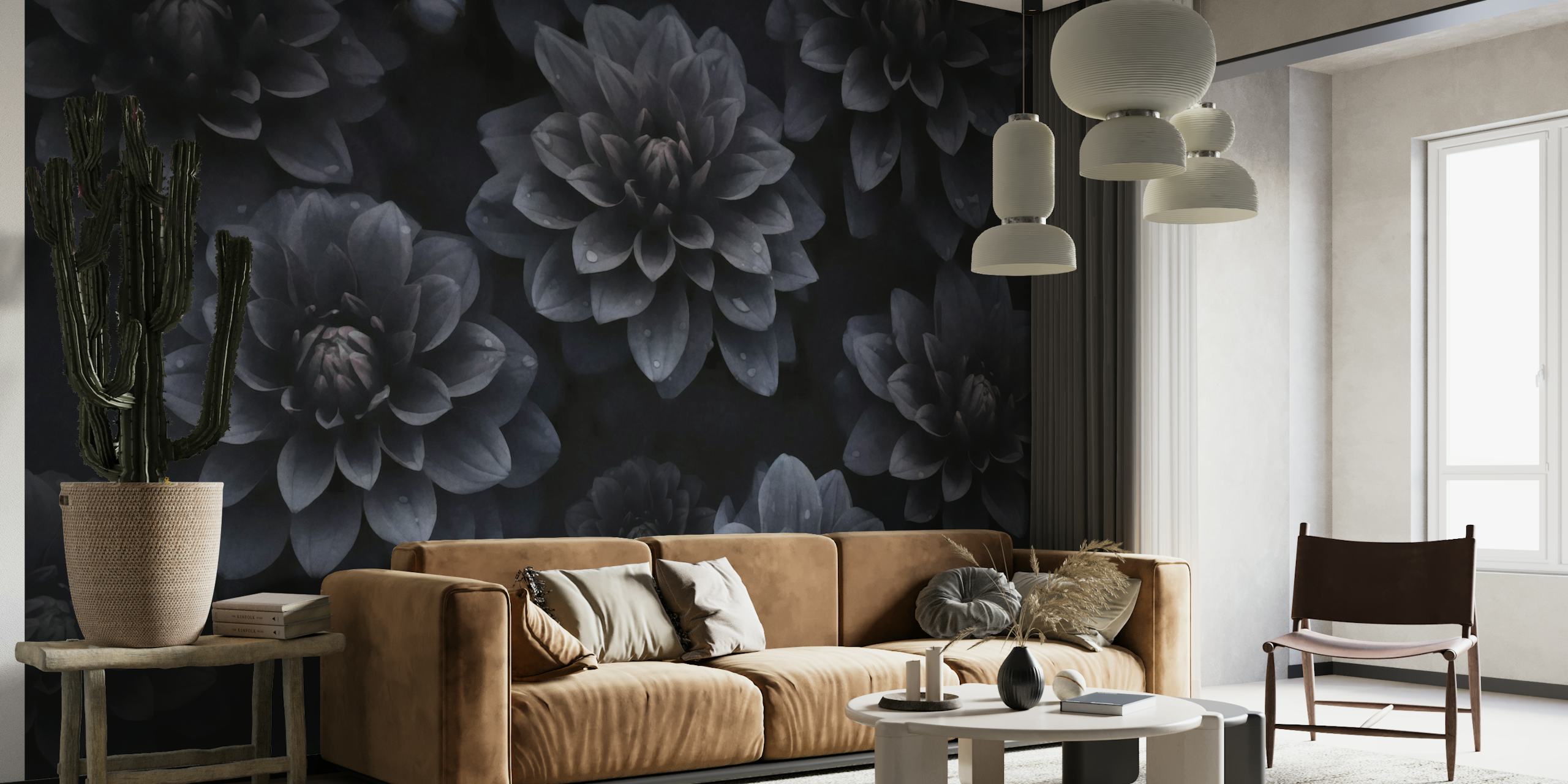 Dark Moody Dahlia Flowers Watercolor Luxury papel de parede