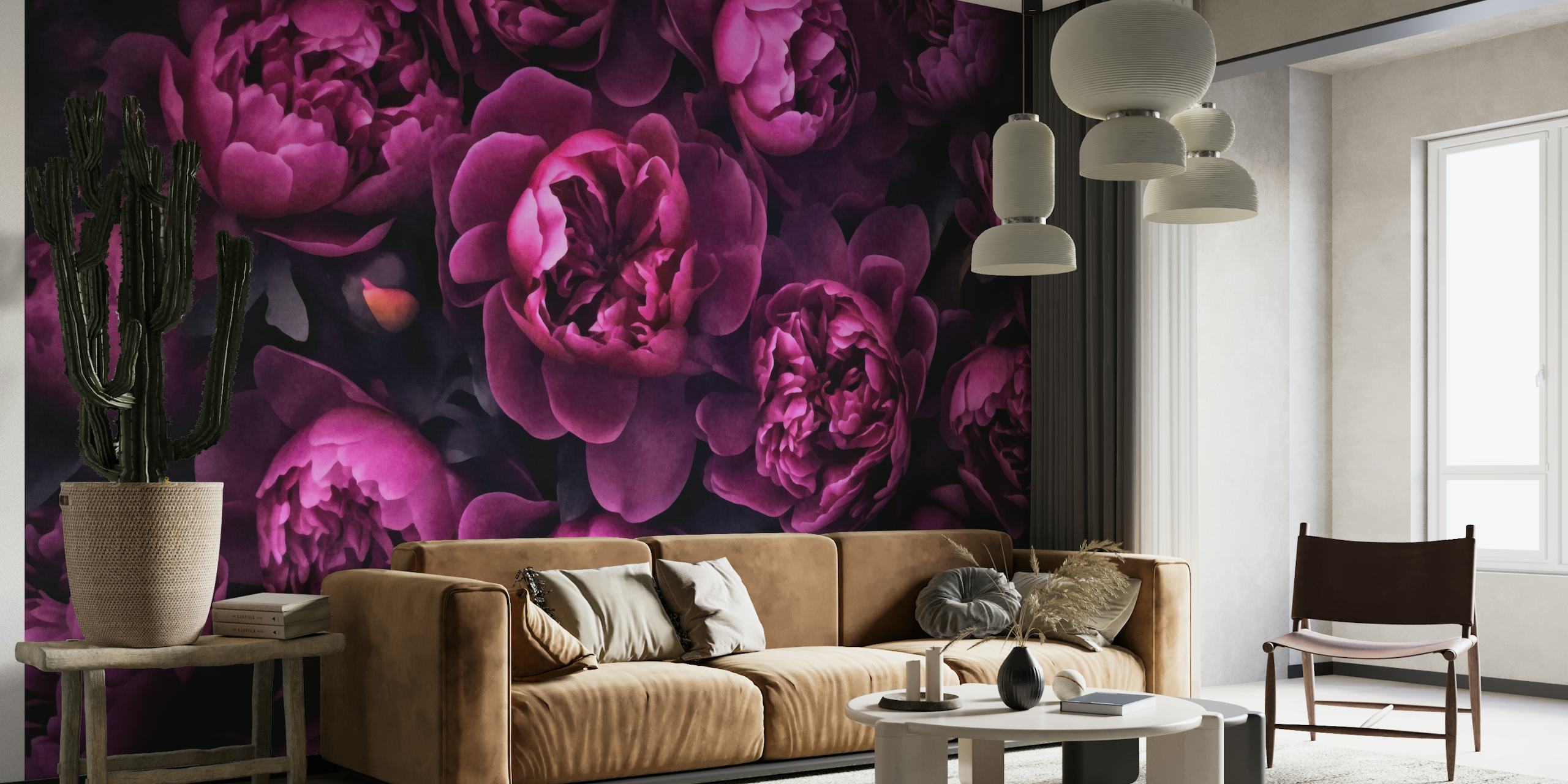 Luksuriøs pink pæon-vægmaleri med en mørk, elegant baggrund