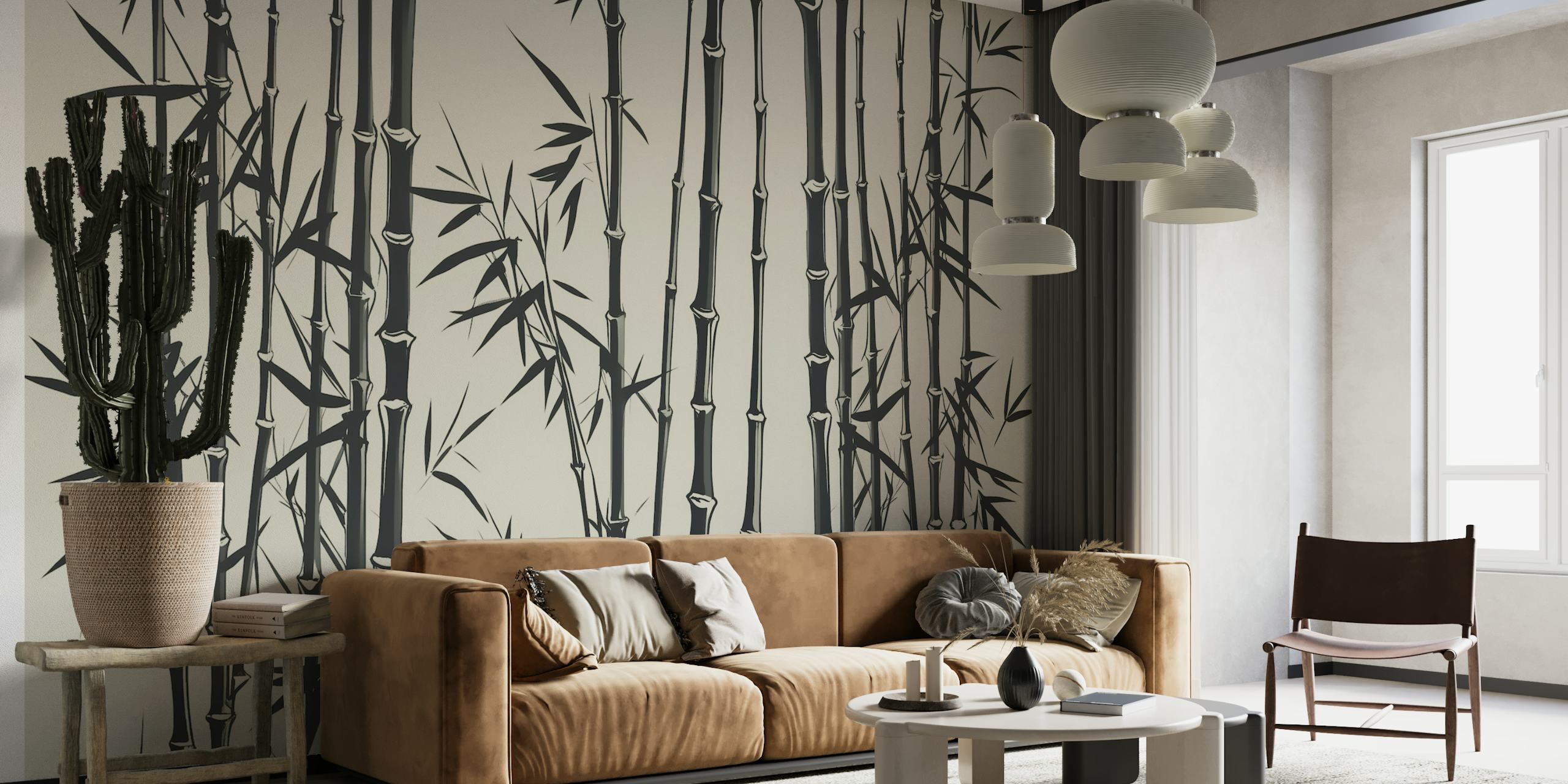 Fototapet av bambugräs i art déco-stil i svart och vitt på en cremebakgrund