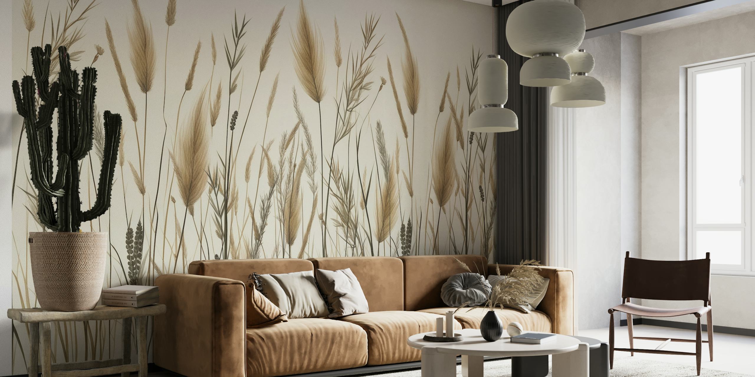 Mural de parede botânico Wild Japandi Grass representando gramíneas elegantes em um fundo neutro