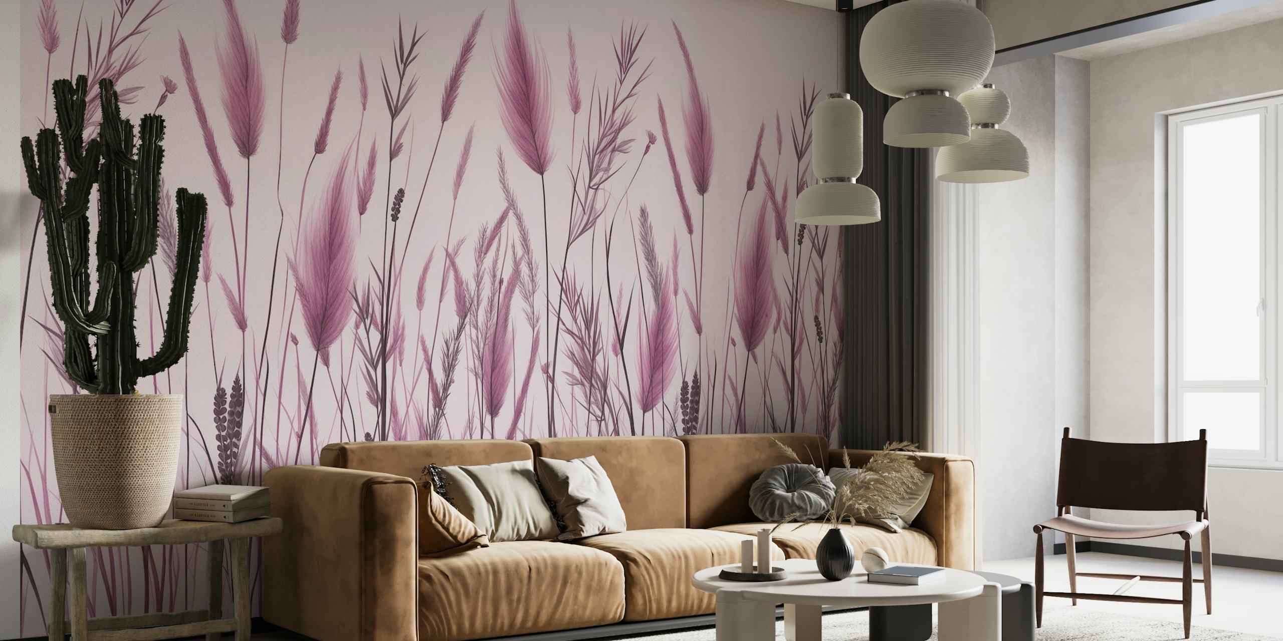 fotomural vinílico de parede botânico de grama selvagem monocromática rosa e cinza