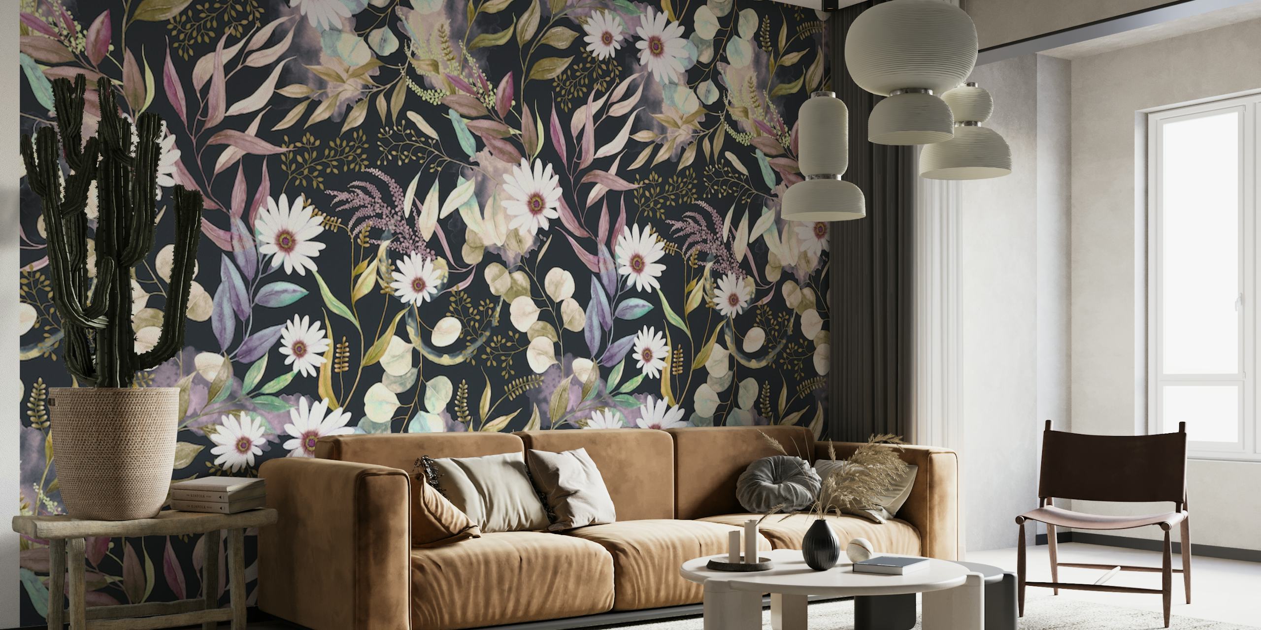 Fotomural vinílico de parede enigmático com padrão floral escuro de happywall.com
