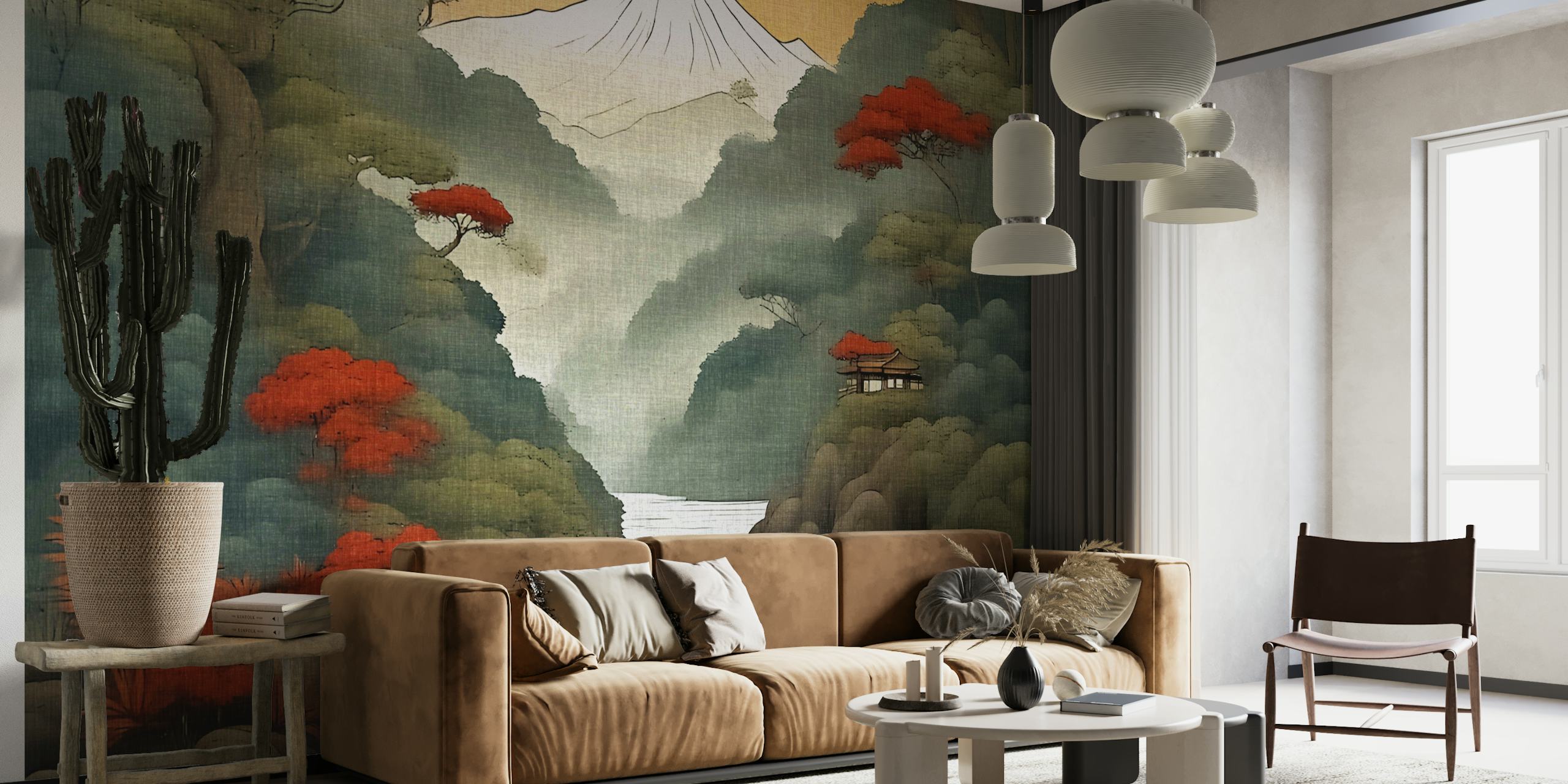 Mural de pared con un paisaje tradicional japonés con el monte Fuji, hojas de arce rojas y un río sereno