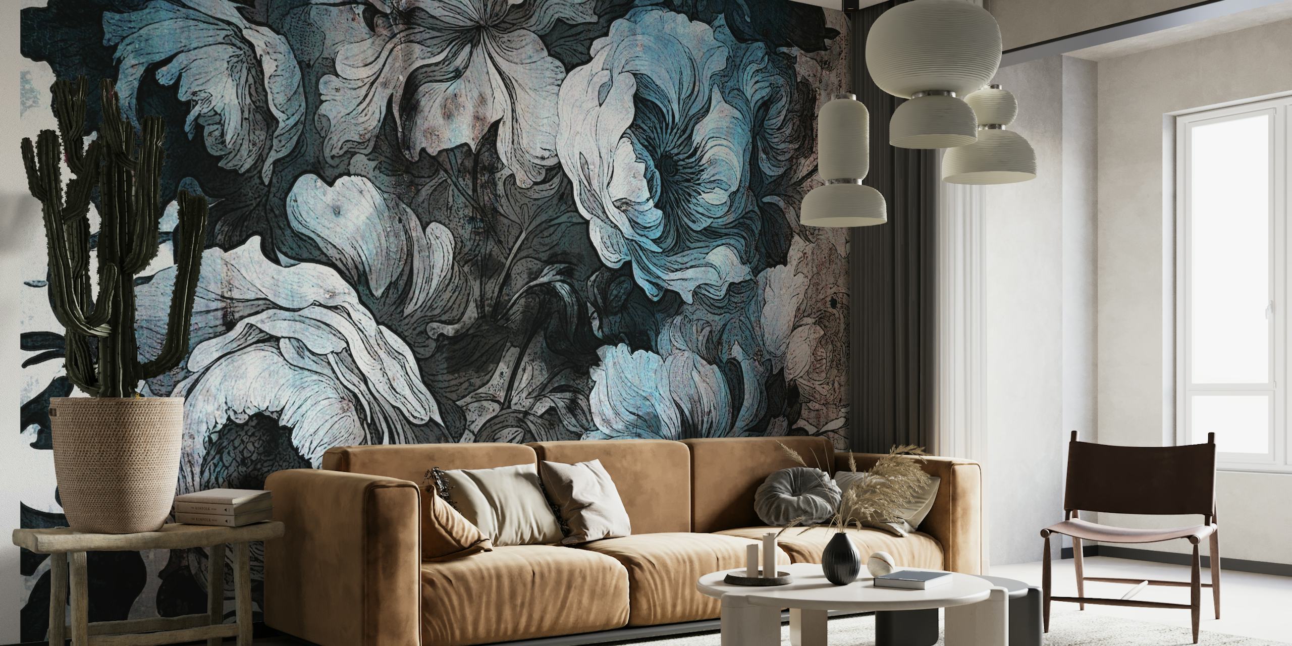 A wall mural with a rustic grunge design featuring blue and grayscale flowers.