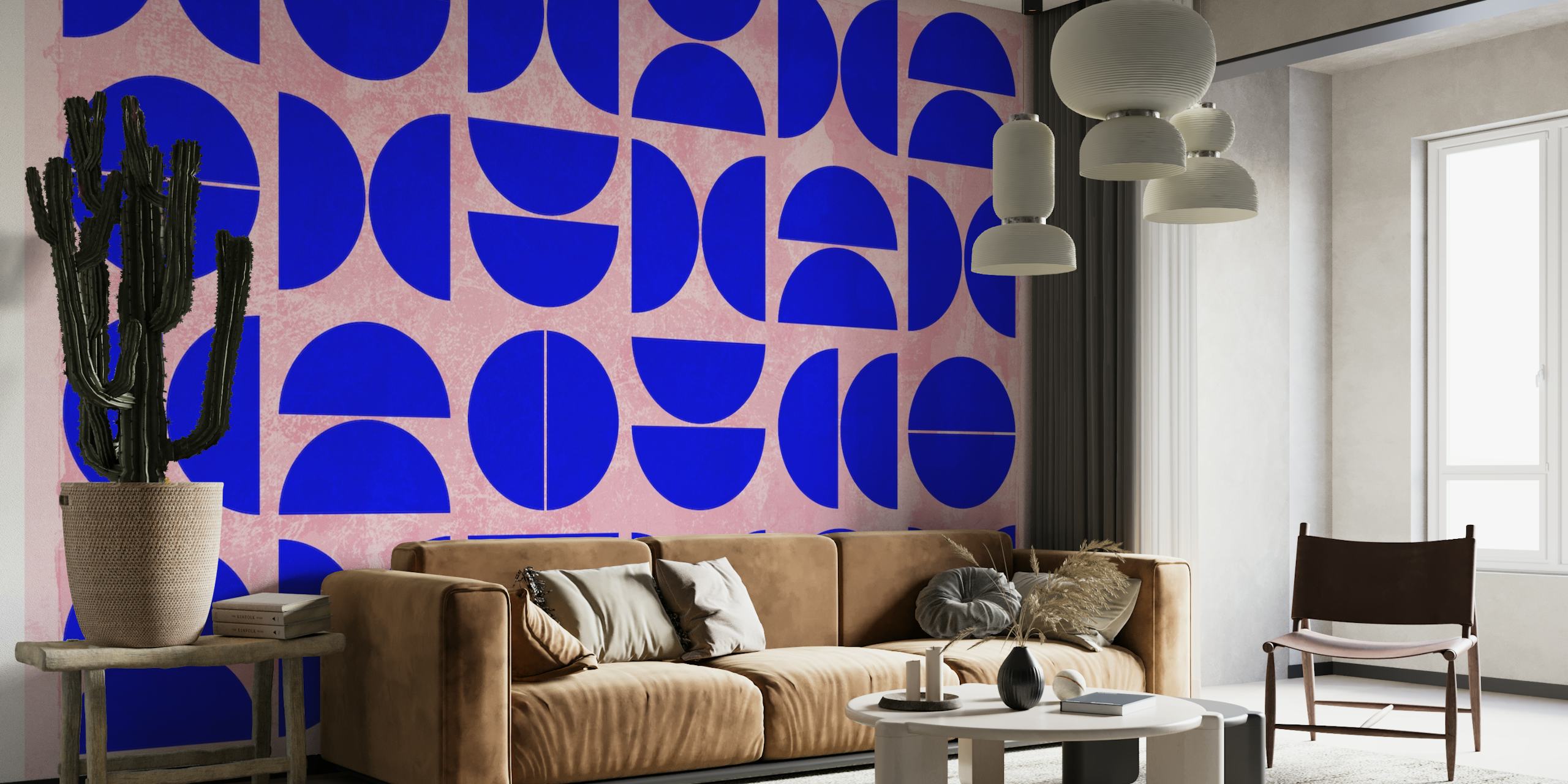 Abstrakte blå geometriske former på et nøytralt veggmaleri for moderne interiør