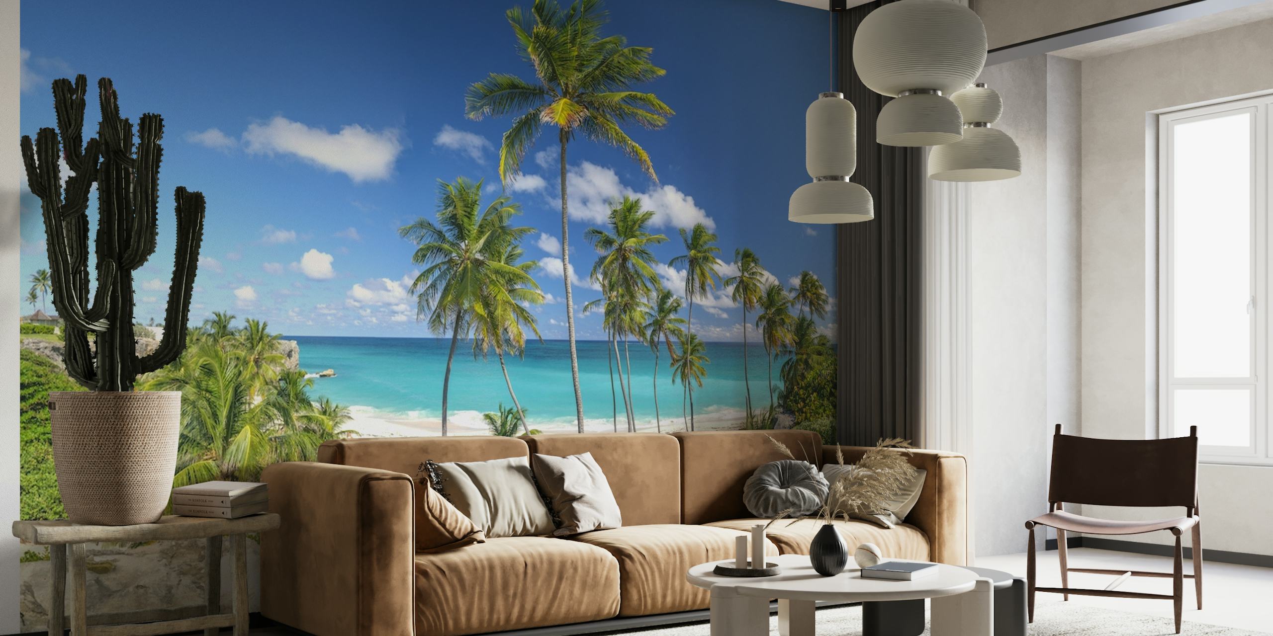 fotomural vinílico de praia tropical com palmeiras e mar azul claro