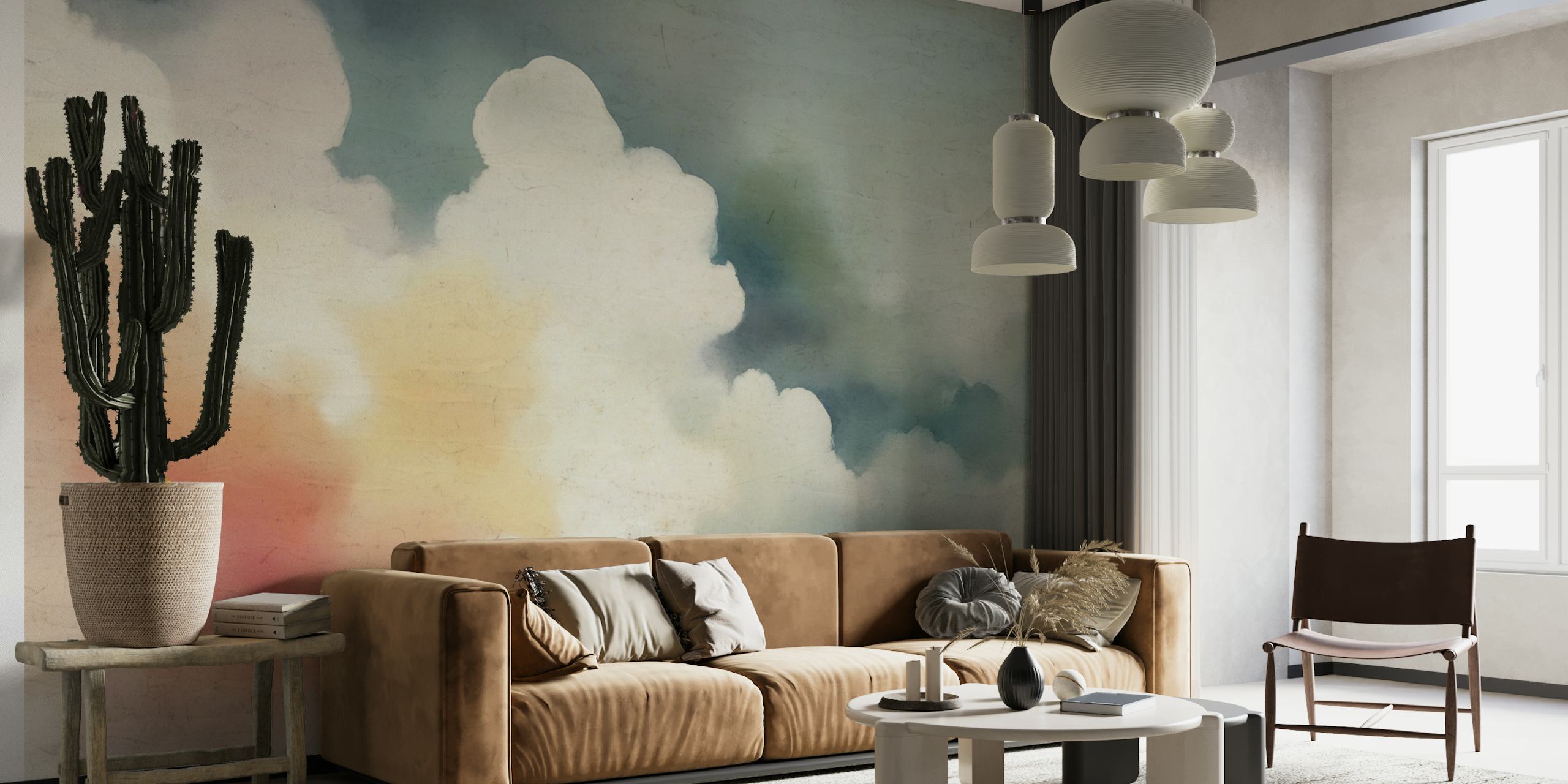 Pastelkleurige wolkenmuurschildering die rust en sereniteit oproept