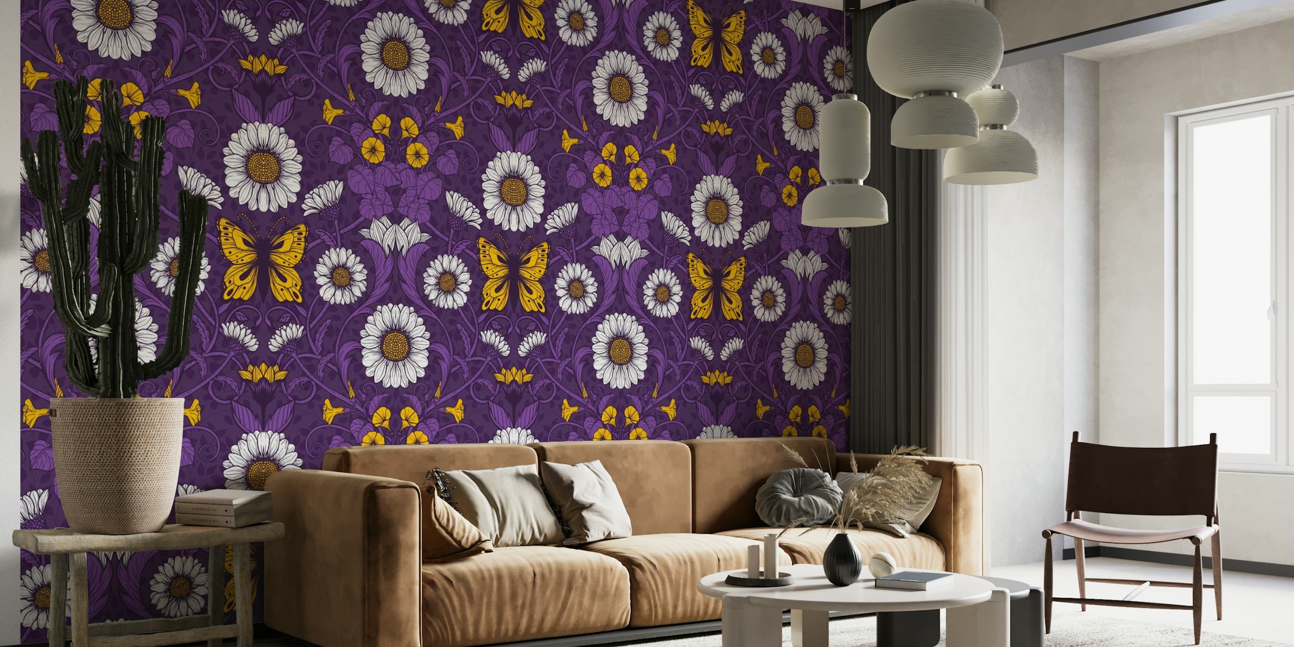 Art Nouveau stil tusensköna mönster i lila nyanser väggmålning