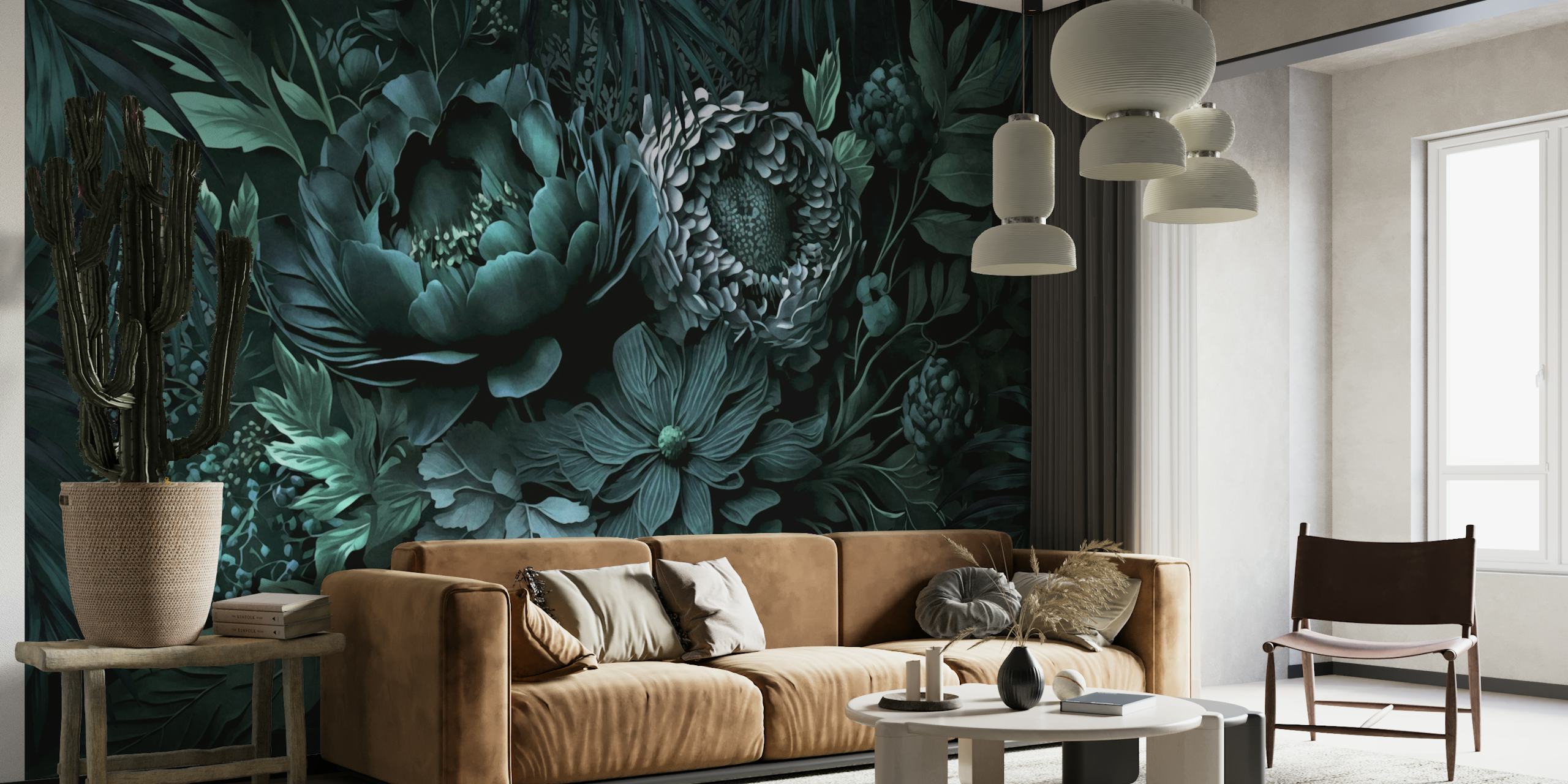 Renaissance Vibes Moody Opulent Flowers Teal wallpaper