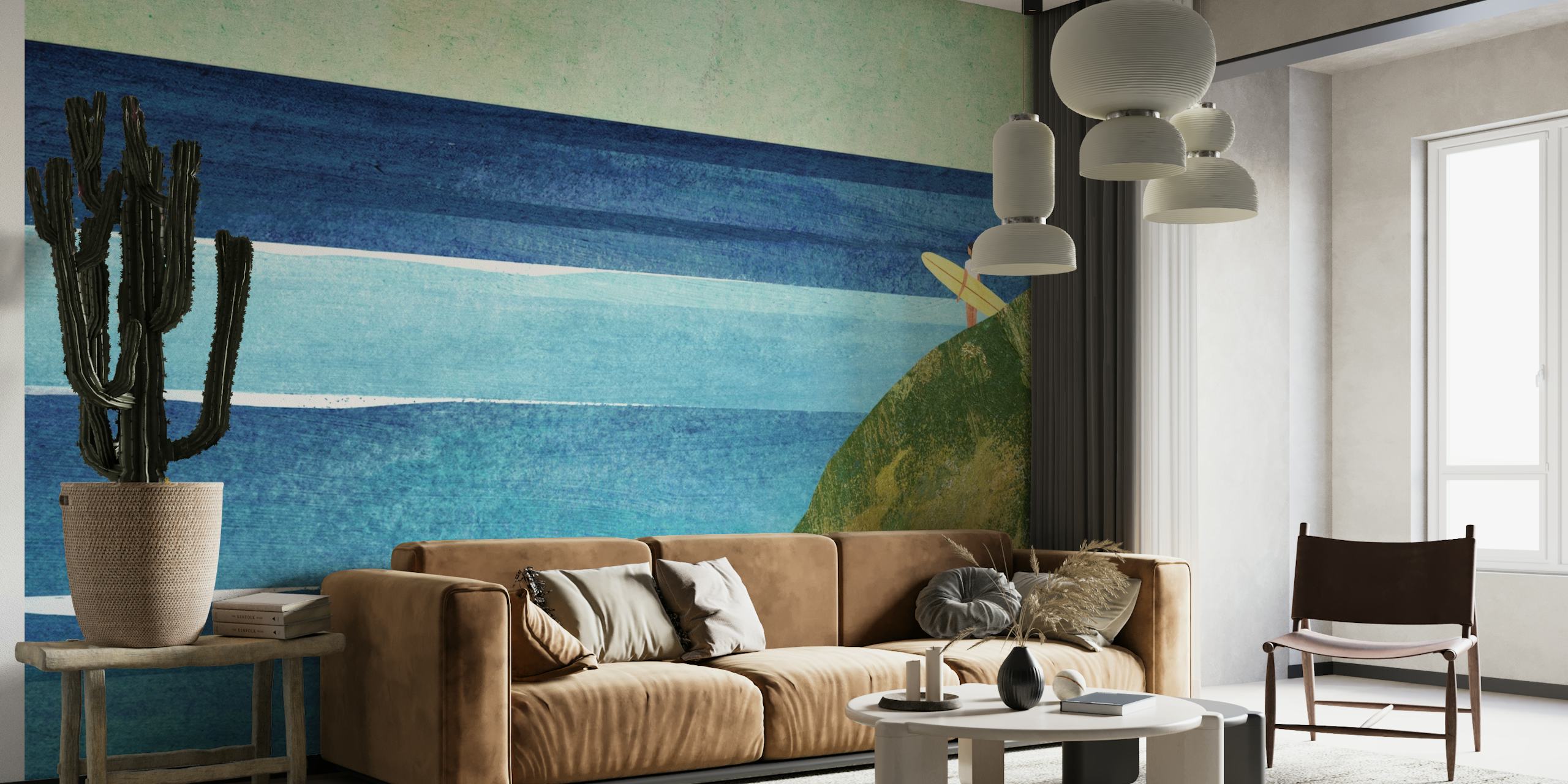 Rannikon merimaisema seinämaalaus täydellisillä aalloilla ja surffaaja rantaviivalla